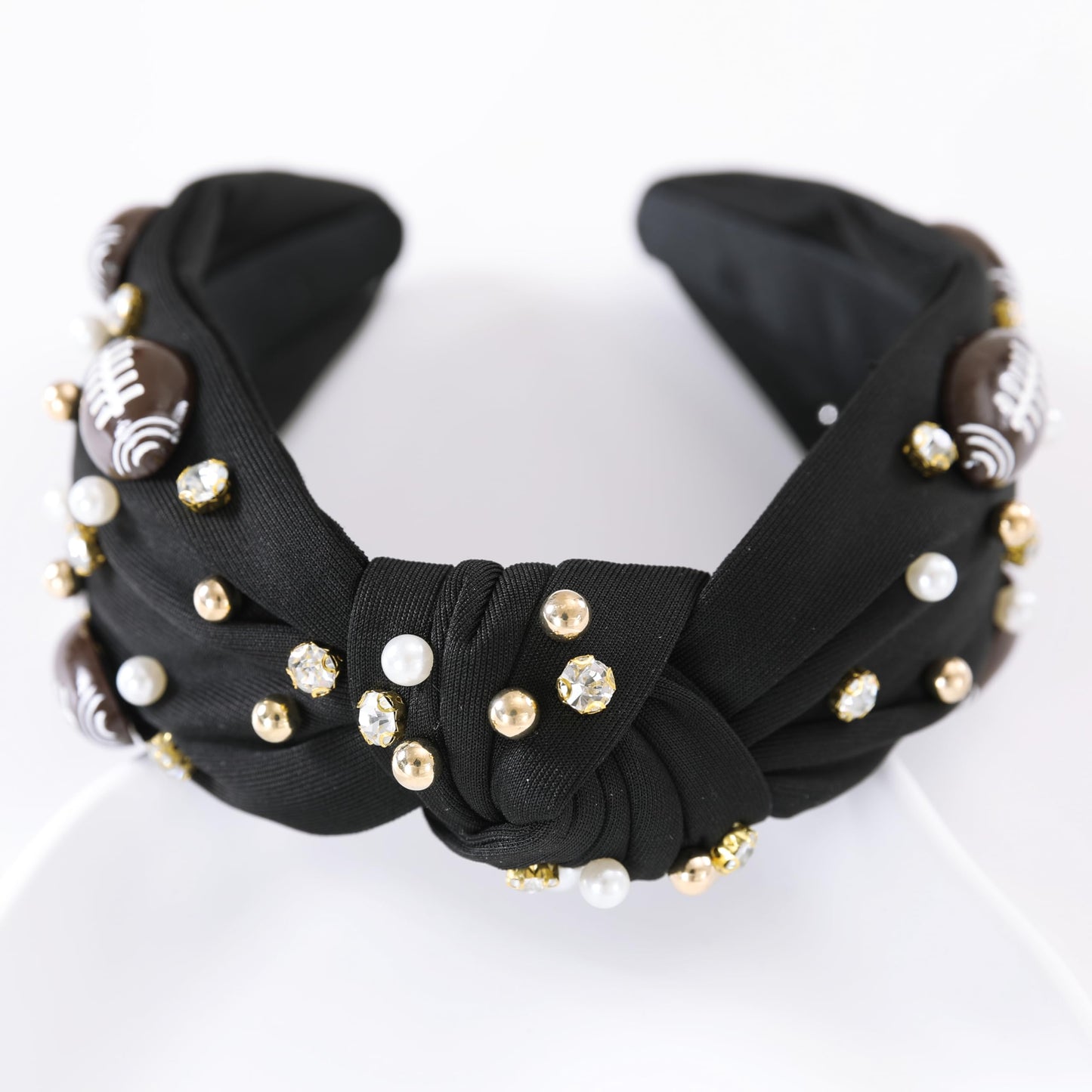 Gmmidea Football Knotted Headband Pearl Rhinestone Jeweled Headbands for Women Cute Wide Beaded Embellished Headband Game Day Decorative Hairband for Football Moms Black-1