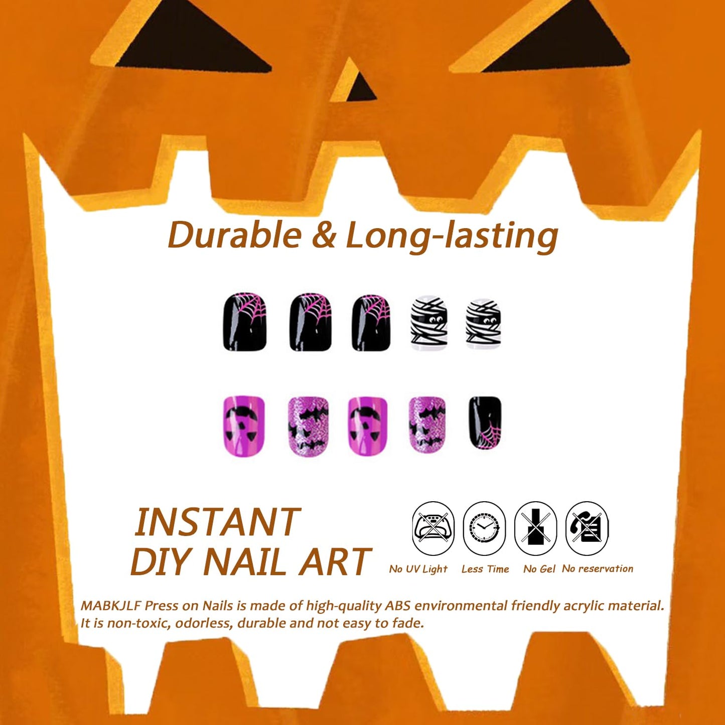 Halloween Press on Nails Short Square Mummy Fake Nails Purple Full Cover Pumpkin Monster False Nails with Designs Glitter Glossy Glue on Nails Cute Acrylic Nails Artificial Nails for Women Girls