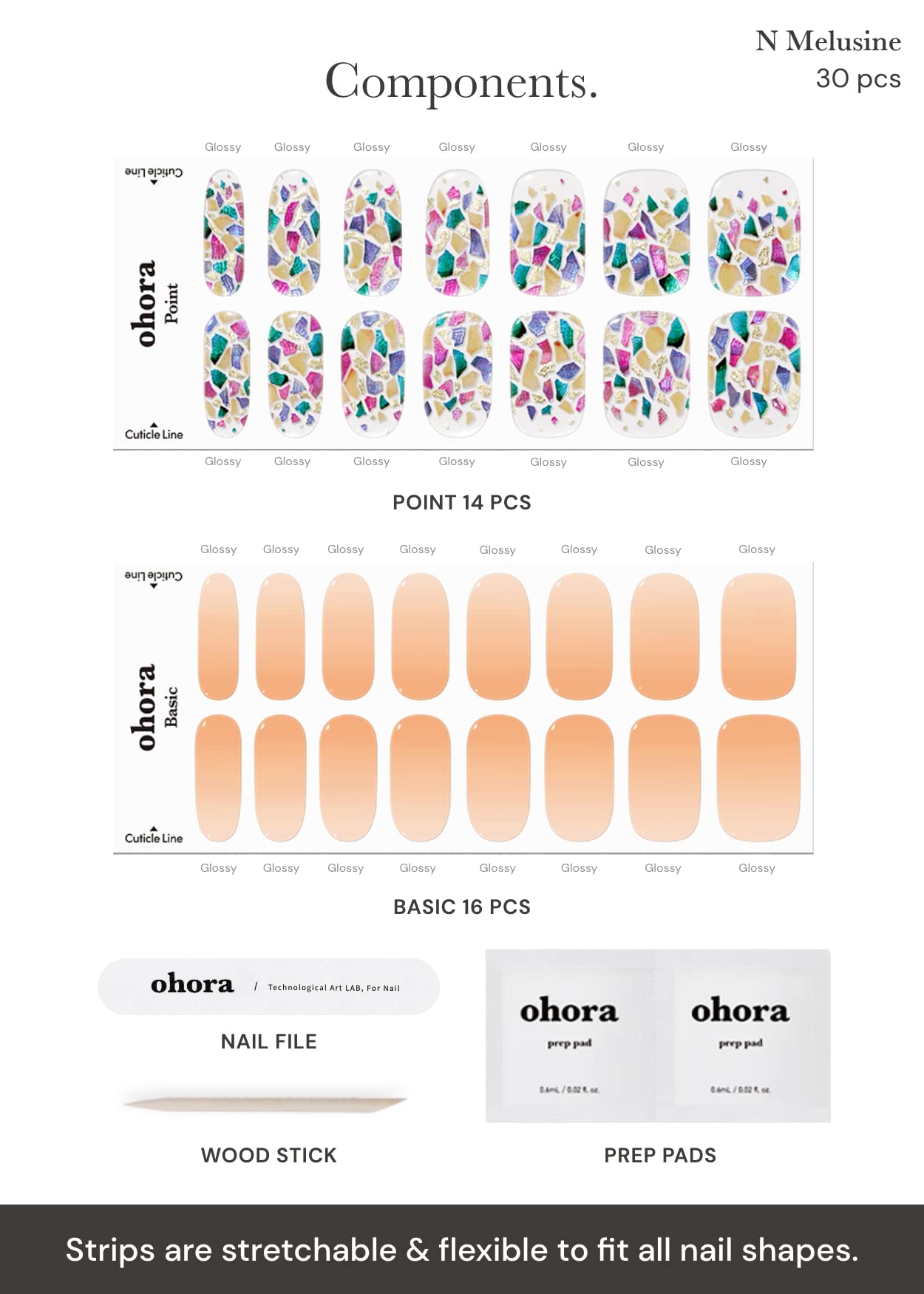 ohora Semi Cured Gel Nail Strips (N Melusine) - Works with Any UV Nail Lamps, Salon-Quality, Long Lasting, Easy to Apply & Remove - Includes 2 Prep Pads, Nail File & Wooden Stick