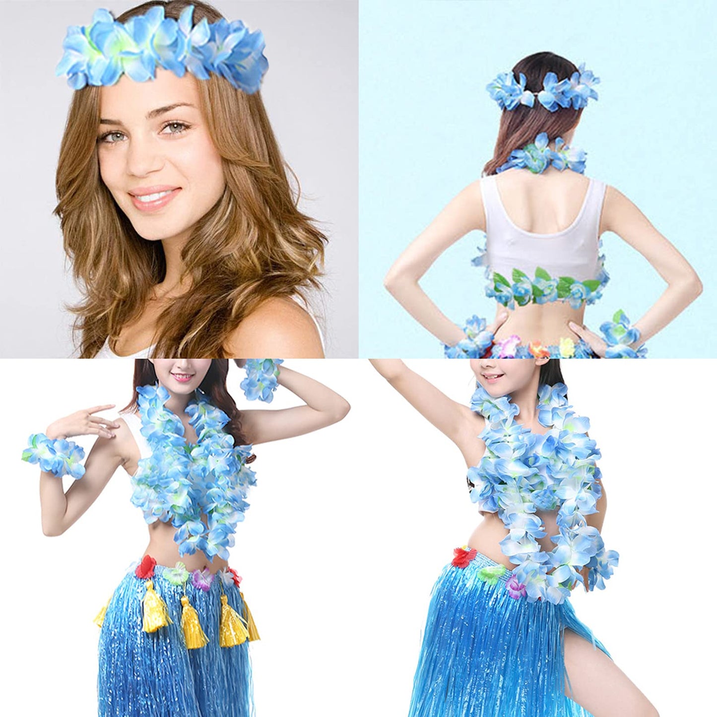 Hawaiian Leis Luau Tropical Headband Flower Crown Wreath Headpiece Wristbands Women Cute Floral Necklace Bracelets Hair Bands for Summer Beach Vacation Pool Party Decorations Favors Supplies Blue