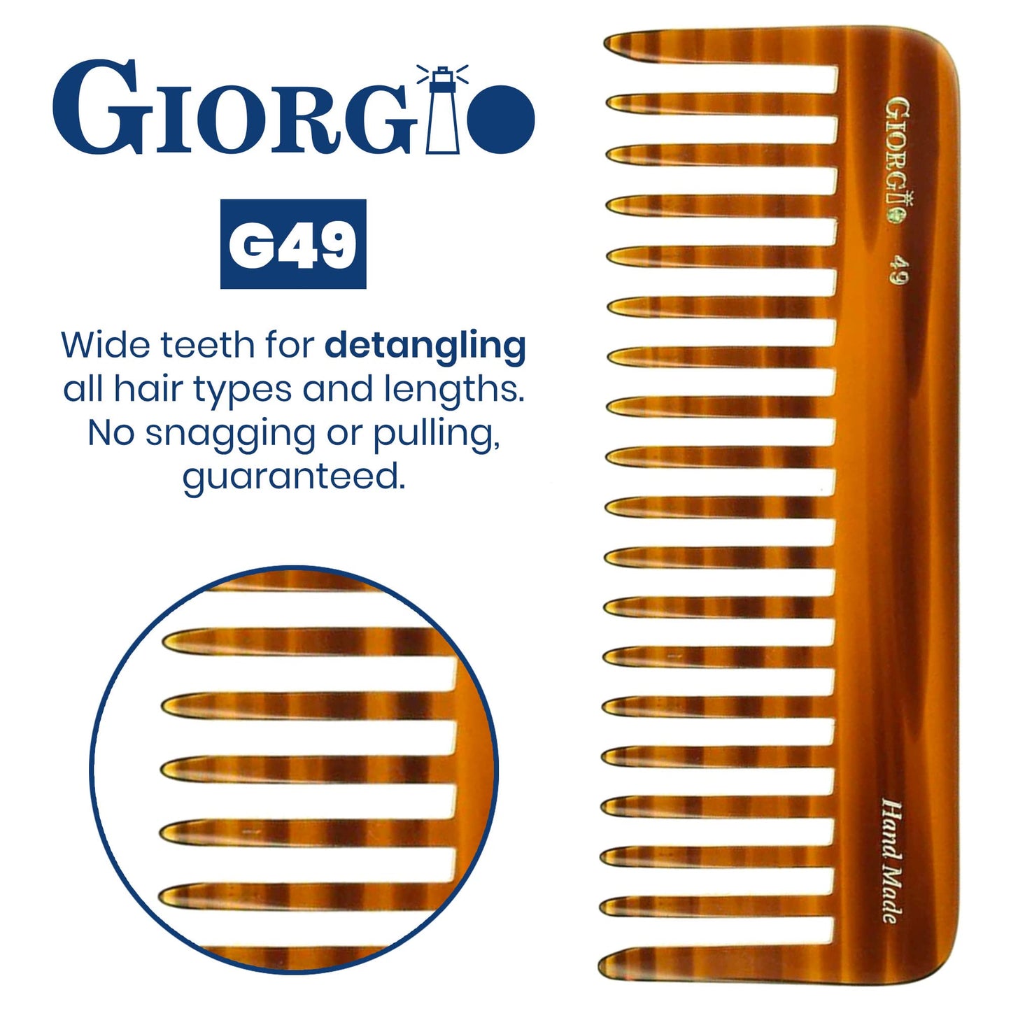 Giorgio G49 Large 5.75 Inch Hair Detangling Comb, Wide Teeth for Thick Curly Wavy Hair. Long Hair Detangler Comb For Wet and Dry. Handmade of Quality Cellulose, Saw-Cut, Hand Polished, Tortoise Shell