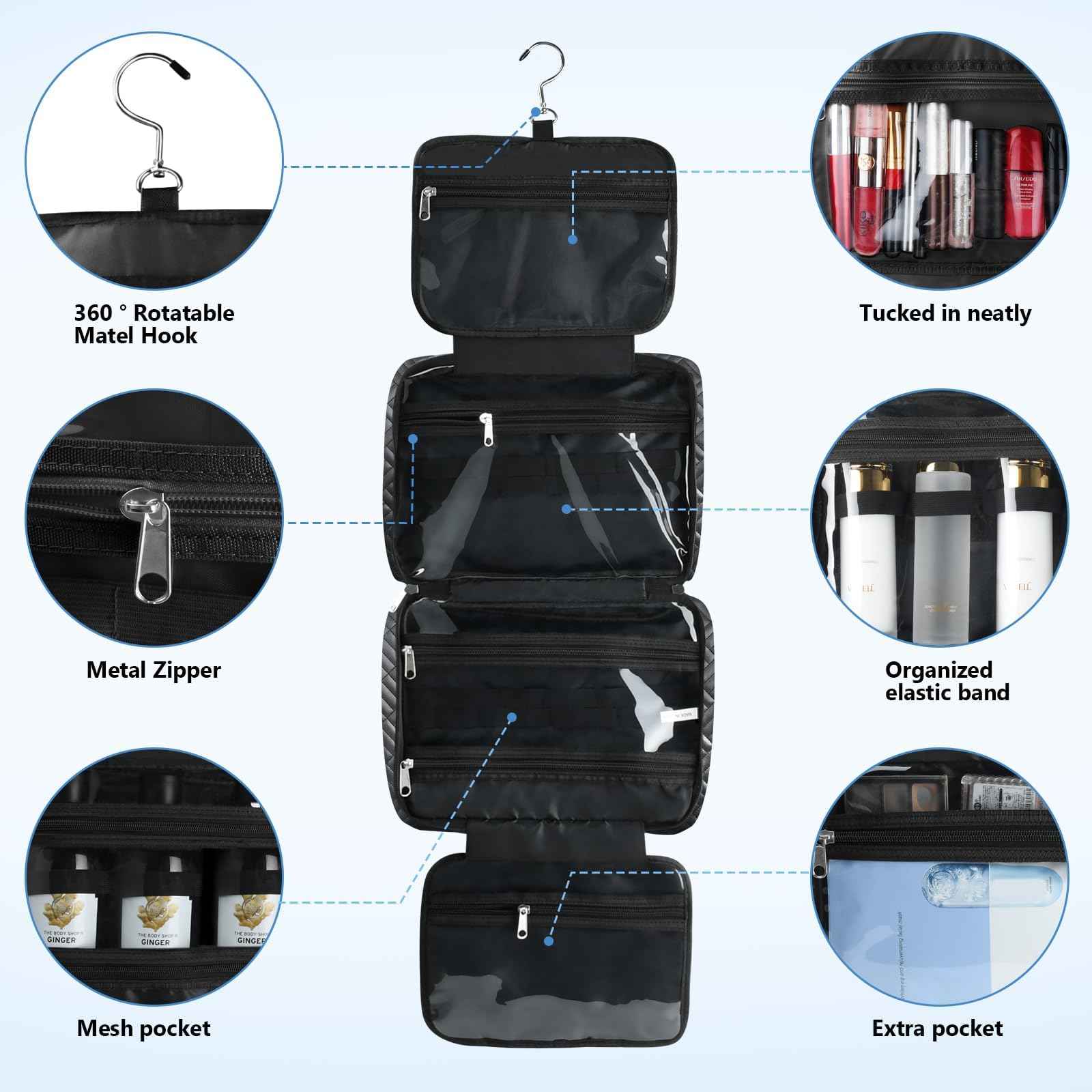 Travel Toiletry Bag,Hanging Toiletry Bags for Traveling Women, Water-resistant Makeup Travel Bags - Toiletry Bag for Travel Size Essentials Accessories Cosmetics -Perfect Gifts for Women (Black)