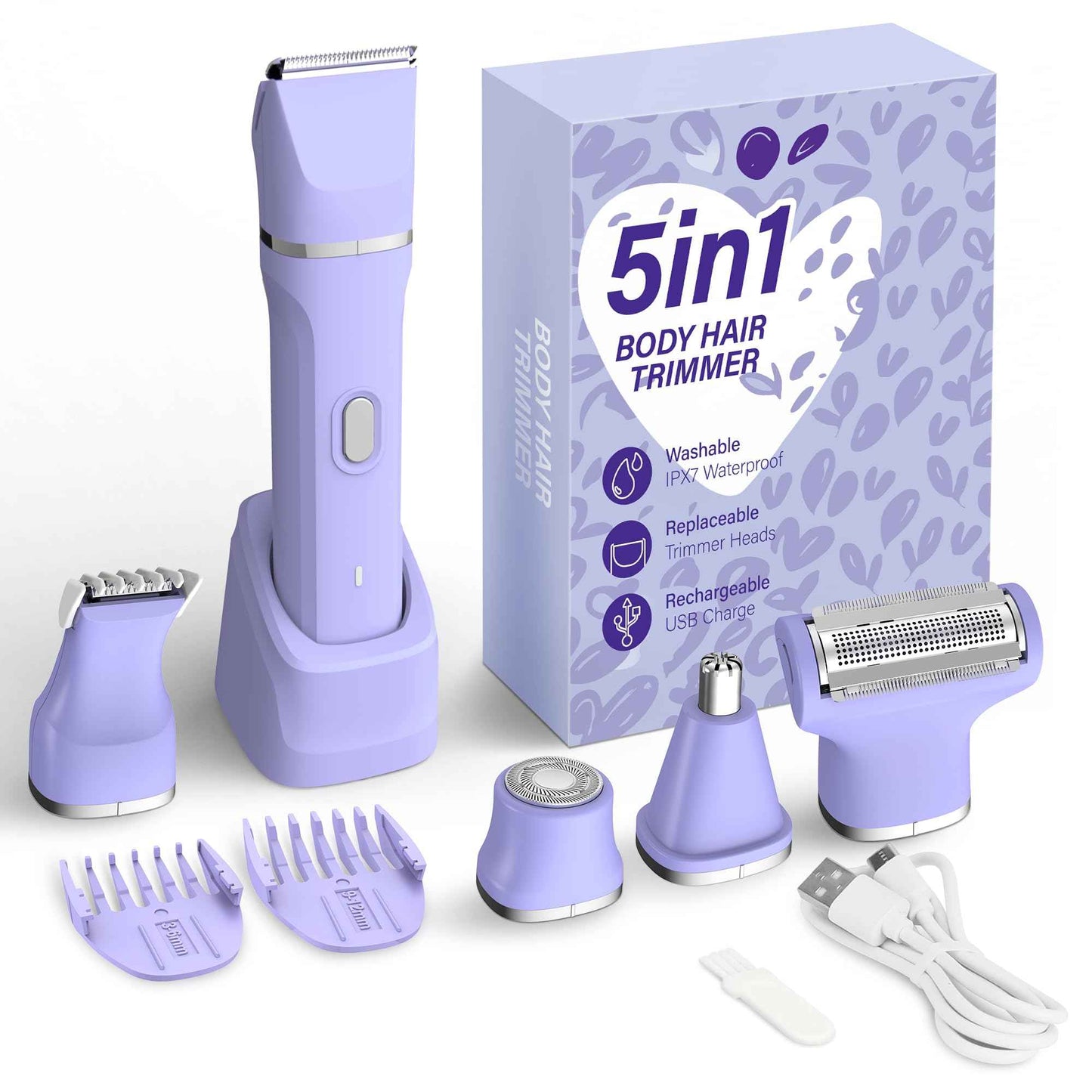 KINGTEE 5-in-1 Electric Bikini Trimmer for Women – IPX7 Waterproof Shaver, Cordless Body & Facial Razors for Women, Ceramic Blades, USB-C Rechargeable, Painless Hair Removal Kit (Purple)