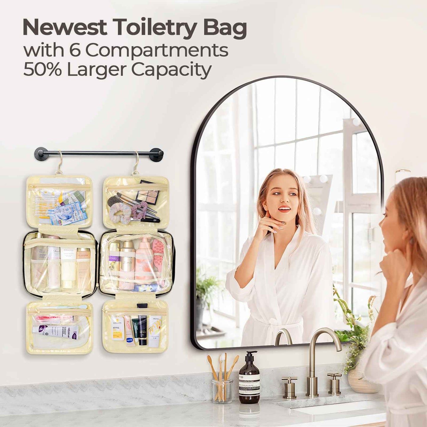 JIECH Hanging Travel Toiletry Bag for Women Detachable Toiletry Bag with 6 Compartments Large Makeup Bag Cosmetic Organizer for Bathroom Shower Business Trips Camping，Black