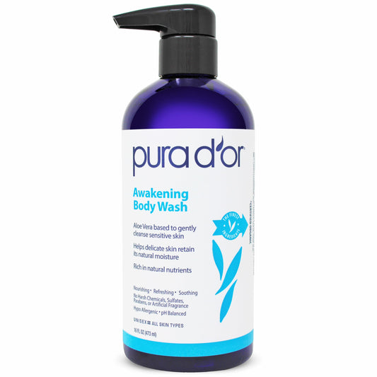 PURA D'OR Awakening Body Wash (16oz) with Aloe Vera, Chamomile, Lavender, Tea Tree and Natural Nutrients - pH Balanced for Moisturized Soft, Fresh-Feeling Skin, All Skin Types, Men & Women