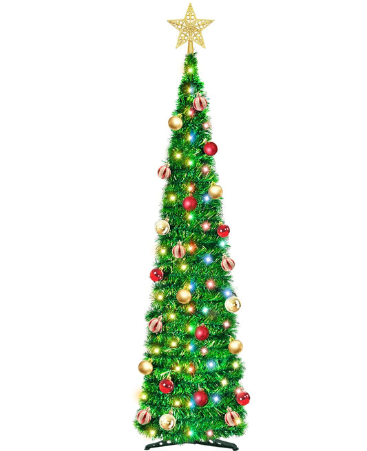 5 Ft Lighted Tinsel Pop Up Christmas Tree 50 Warm White & Multicolor Changing Lights Timer 8 Mode Ball Ornaments Battery Operated Pencil Artificial Slim Tree Xmas Decoration Home Party Indoor Outdoor