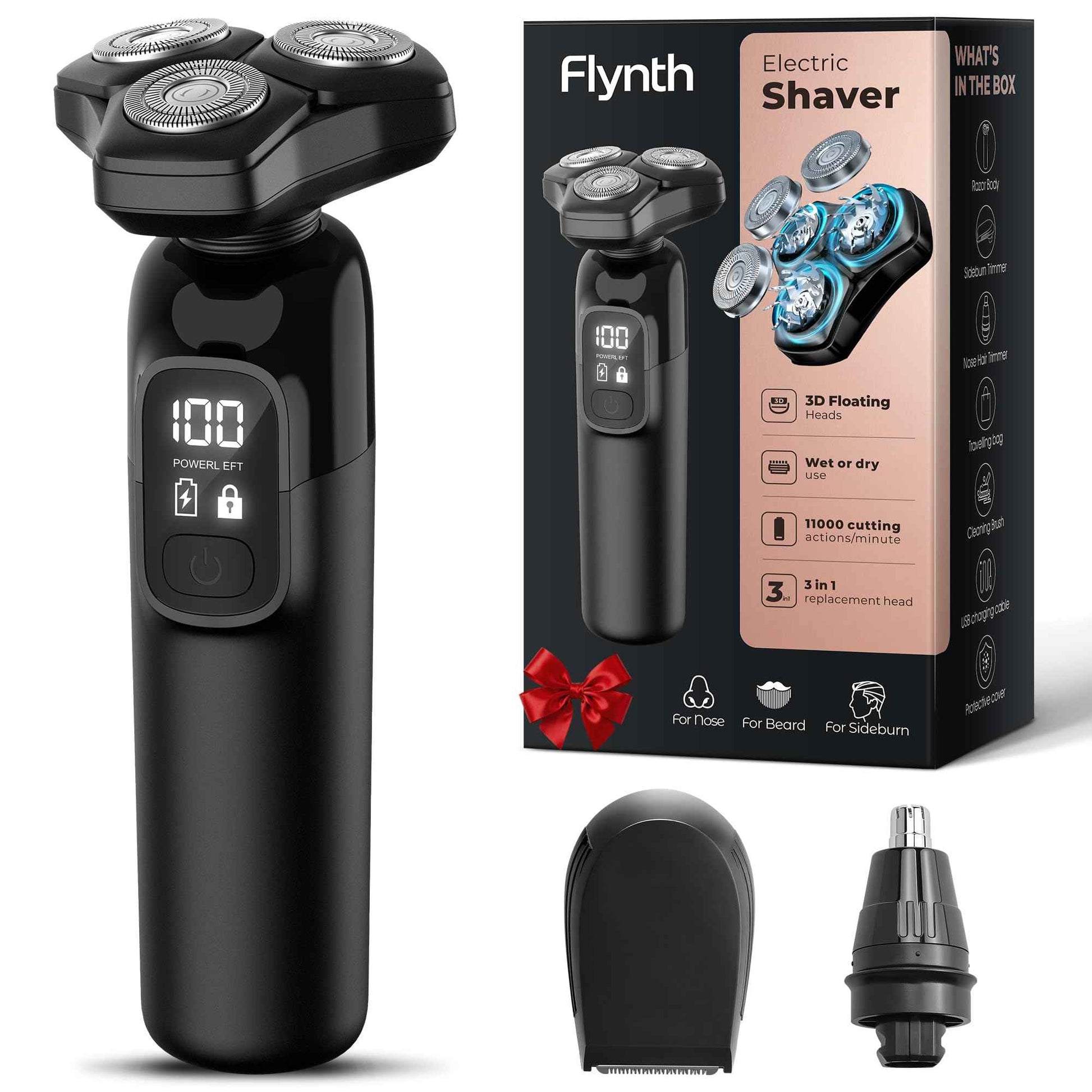Electric Razor for Men Flynth 3-in-1 Cordless Shaver 3-Blade Rotary Shavers Wet/Dry for Beard Nose & Face, IPX7 Waterproof Fast Charge Travel Trimmer Grooming Set