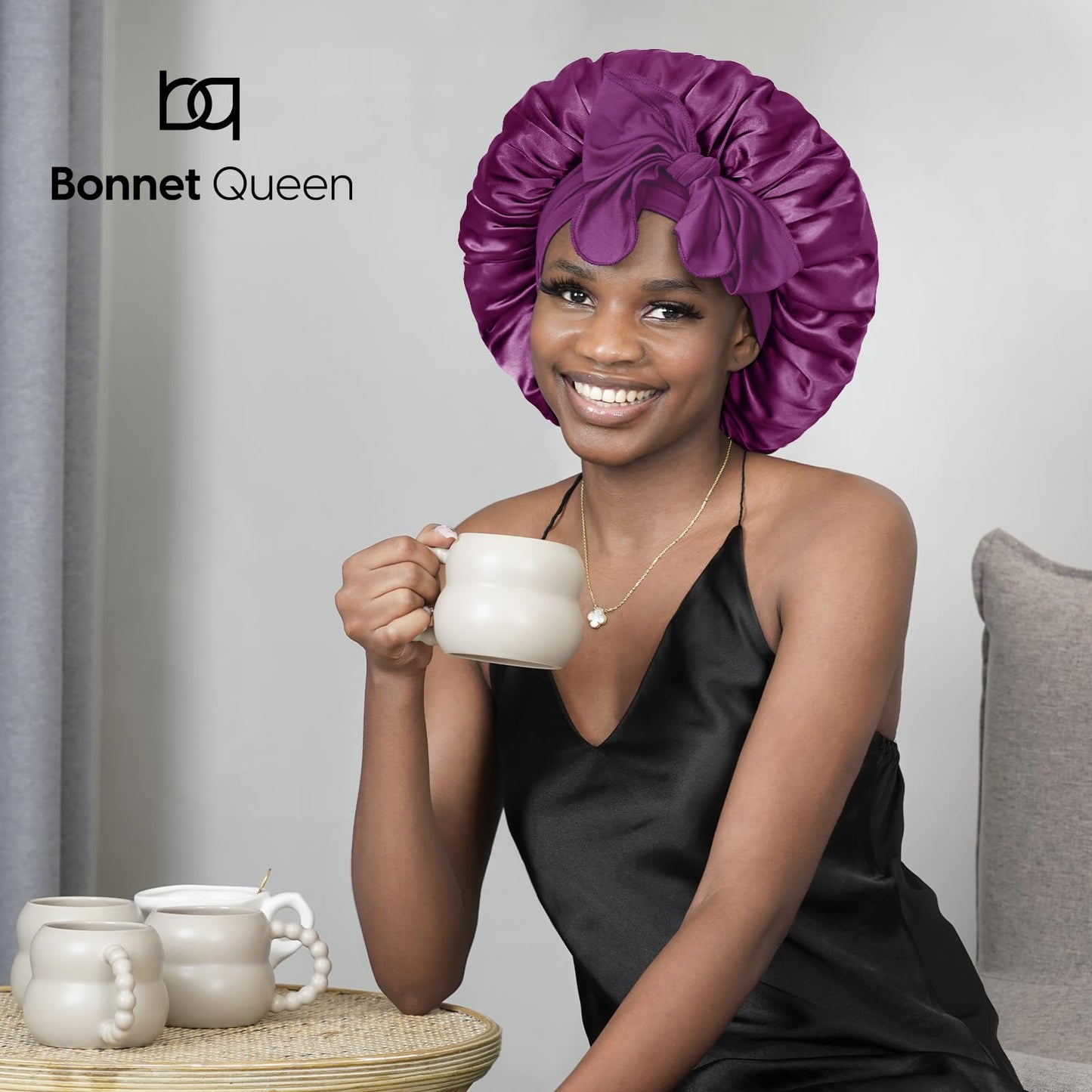 BONNET QUEEN Silk Bonnet for Sleeping Women Satin Bonnet Hair Bonnet Night Sleep Cap Scarf wrap for Curly Hair with tie Band Maroon