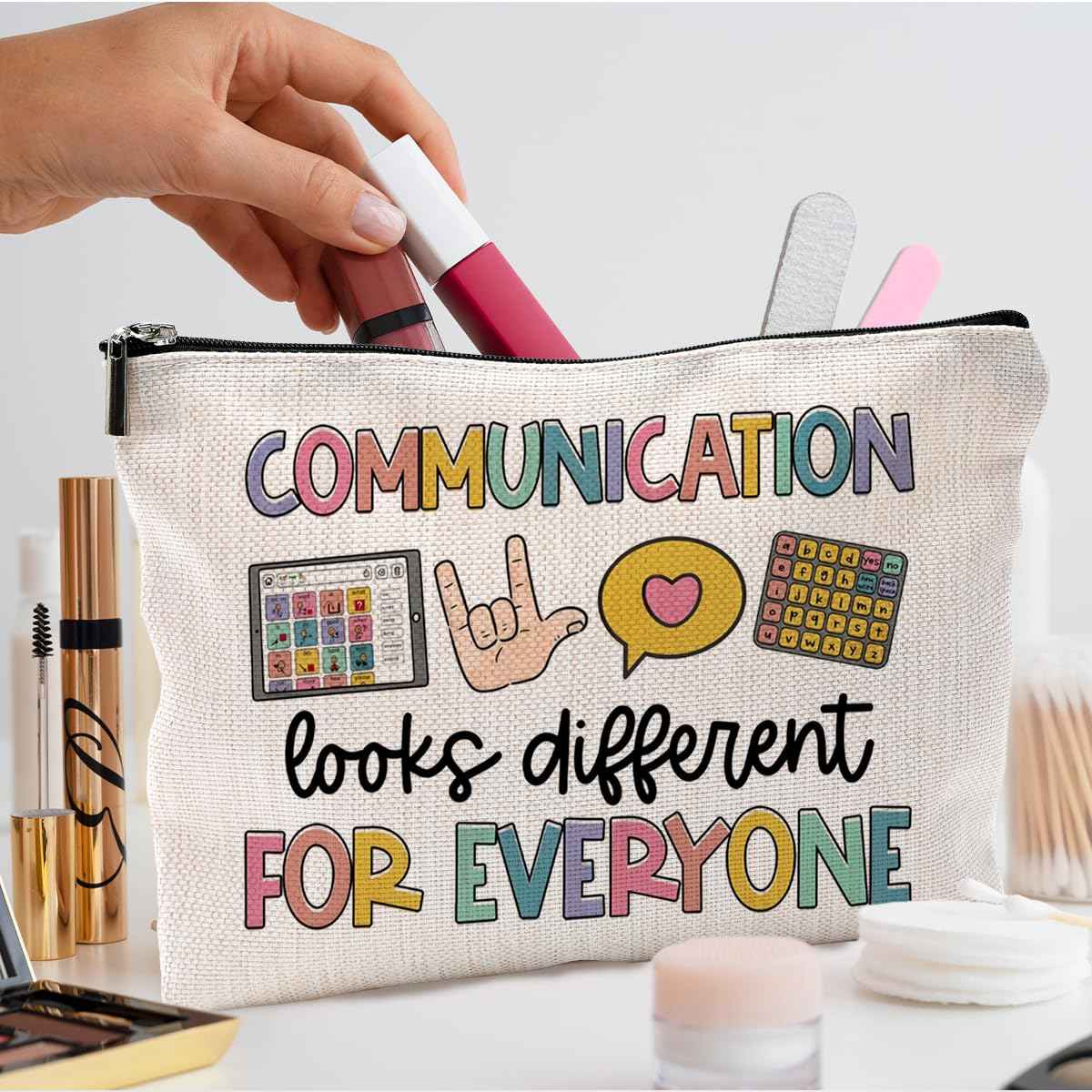 QGFM Makeup Bag for Women - Speech Therapist & SLP Gifts, Communication Looks Different for Everyone Cosmetic Bag for Purse