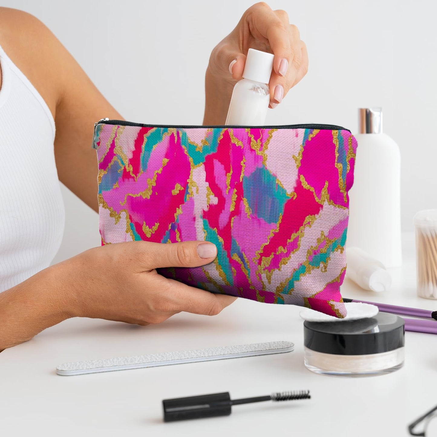 RYYCDOI Hot Pink Teal Gold Painting Cosmetic Bag, Colorful Marble Makeup Bag for Women, Preppy Makeup Bag, Toiletry Bag, Preppy Stuff, Aesthetic Makeup Bag, Preppy Gifts for Women