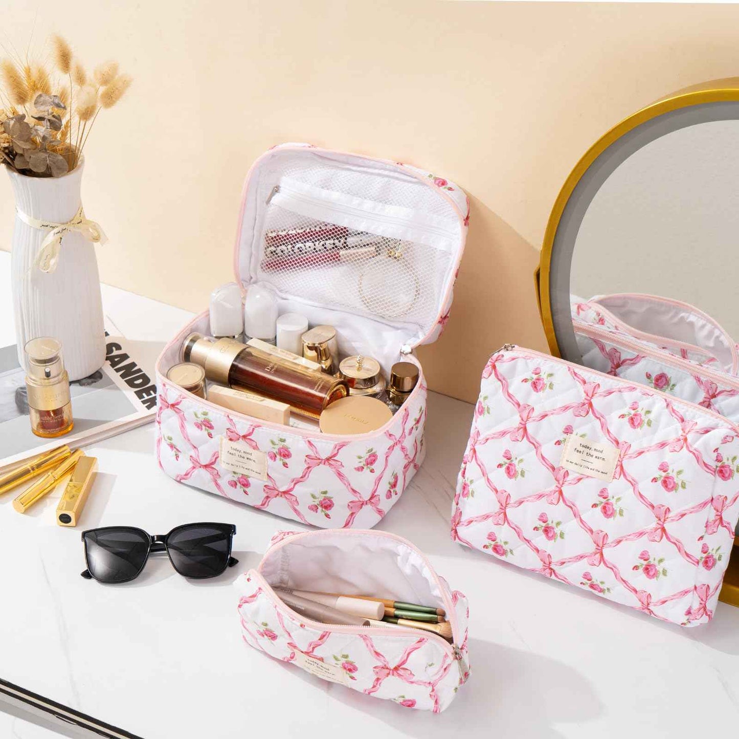 UUYUUY Makeup Bag for Women 3PCS Quilted Cotton Make Up Bag Travel Cosmetic Bag Large Makeup Bag Set Cute Bow Makeups Organizer Floral Toiletry Pouch for Purse, Pink