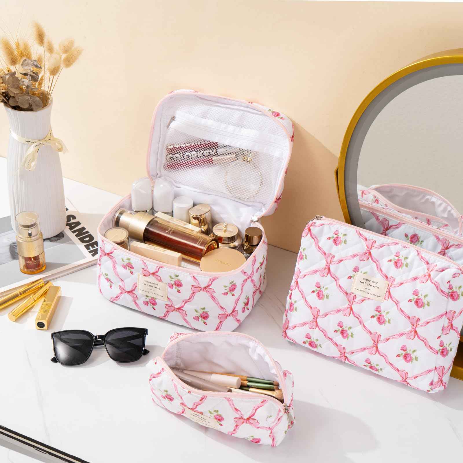 UUYUUY Makeup Bag for Women 3PCS Quilted Cotton Make Up Bag Travel Cosmetic Bag Large Makeup Bag Set Cute Bow Makeups Organizer Floral Toiletry Pouch for Purse, Pink