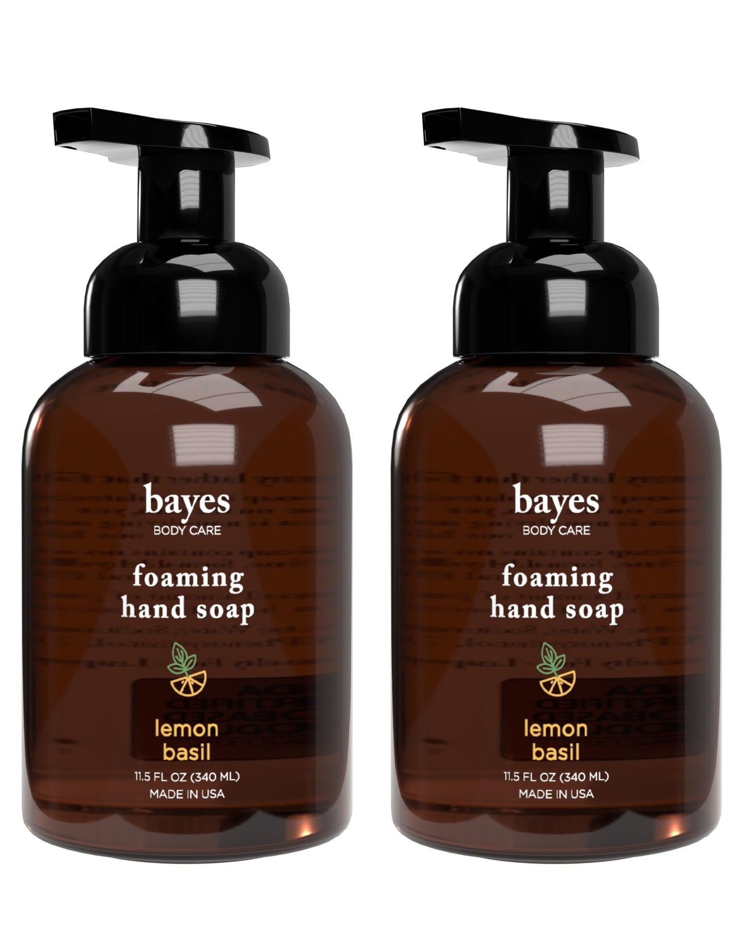 Bayes Foaming Hand Soap, Plant-Derived - Aromatic and Nourishing Hand Wash, Infused with Natural Essential Oils - USDA Certified Biobased - 11.5 Ounce, Lemon Basil, 2 Pack