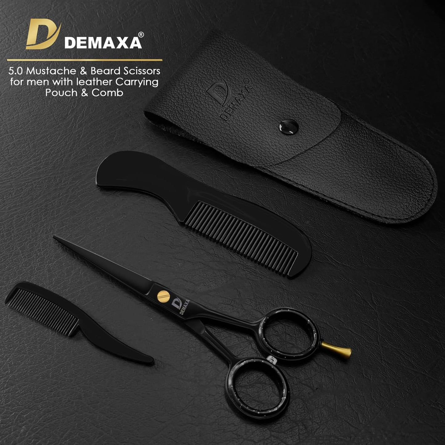 DEMAXA 5" Professional Beard Mustache Scissors with 1 Mustache Comb, 1 Beard Comb & Soft Pouch – Prefect Beard Trimming Scissors for All Facial Hair Scissors – Grooming Scissors Men (Black)