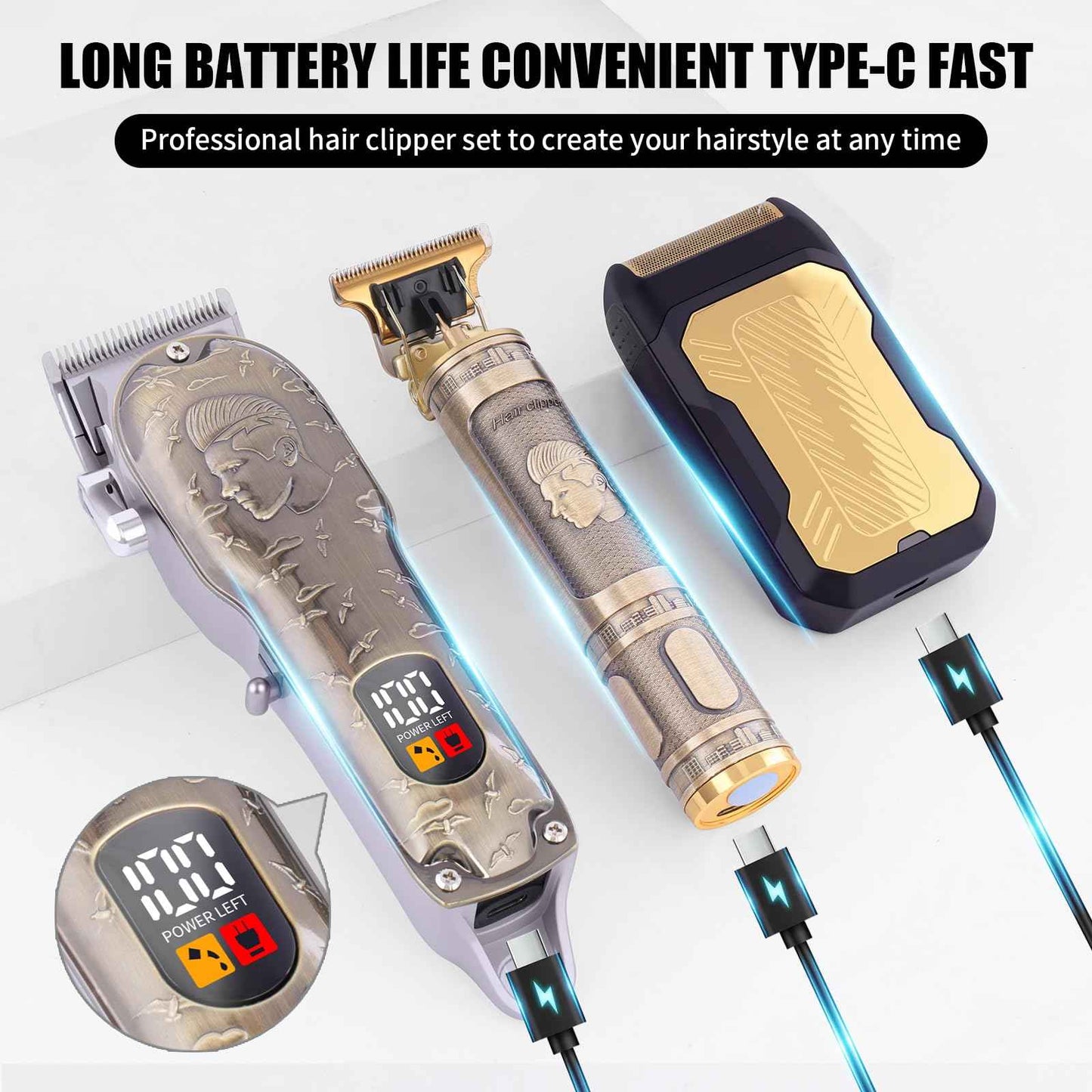 Professional Hair Clipper Set, Men's Hair Clipper, T-Shaped sideburn Trimmer, Electric Shaver, Beauty Salon kit for Hair Cutting and Shaving. (Gold)