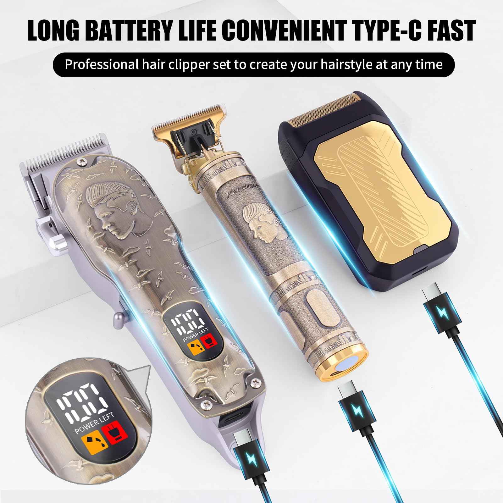 Professional Hair Clipper Set, Men's Hair Clipper, T-Shaped sideburn Trimmer, Electric Shaver, Beauty Salon kit for Hair Cutting and Shaving. (Gold)