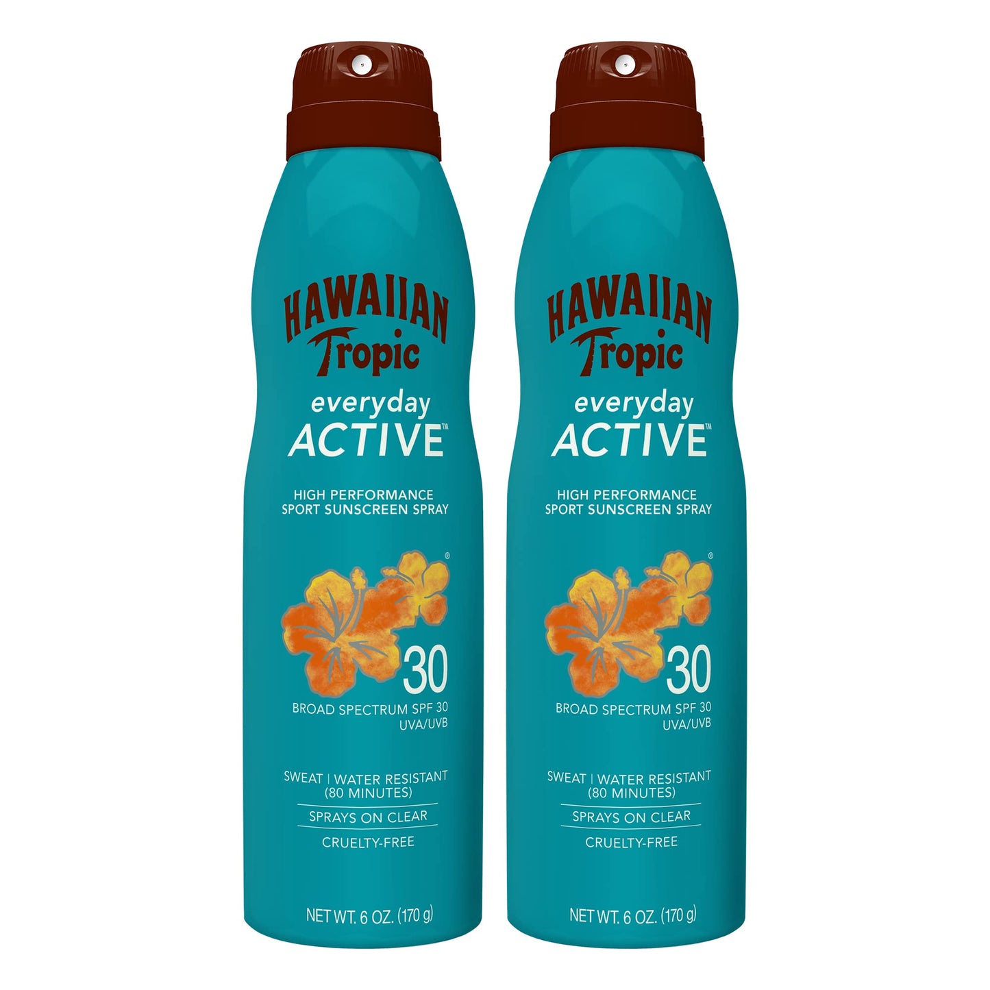 Hawaiian Tropic Everyday Active Clear Spray Sunscreen SPF 30 Twin Pack, 6oz Each & Hawaiian Tropic Weightless Hydration Face Sunscreen SPF 30, 1.7oz Travel Size