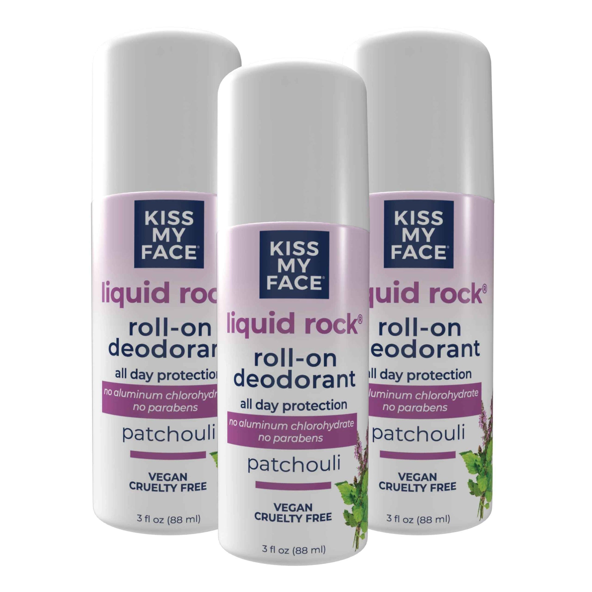 Kiss My Face Liquid Rock Roll-On Deodorant, All Day Protection, Vegan and Cruelty Free, Patchouli Scent, 3 Fl Oz, Pack of 3