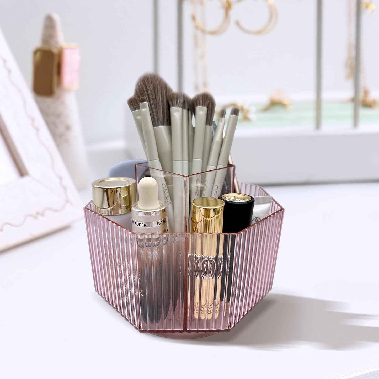 LiteTour Rotating Desk Organizer, Multi-Compartment Makeup Brush Holder, Skincare Storage, Office Supplies, Stationery, Home & Countertop Organizer for Vanity, Bathroom & Kitchen Crystal Green 360°