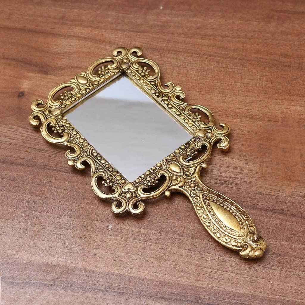 KridayKraft Beautifully Carved Square Shape Gold Plating Metal Hand Mirror for Makeup, Travelling, Salon Mirror & Decorative Antique Item, Framed