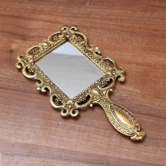 KridayKraft Beautifully Carved Square Shape Gold Plating Metal Hand Mirror for Makeup, Travelling, Salon Mirror & Decorative Antique Item, Framed