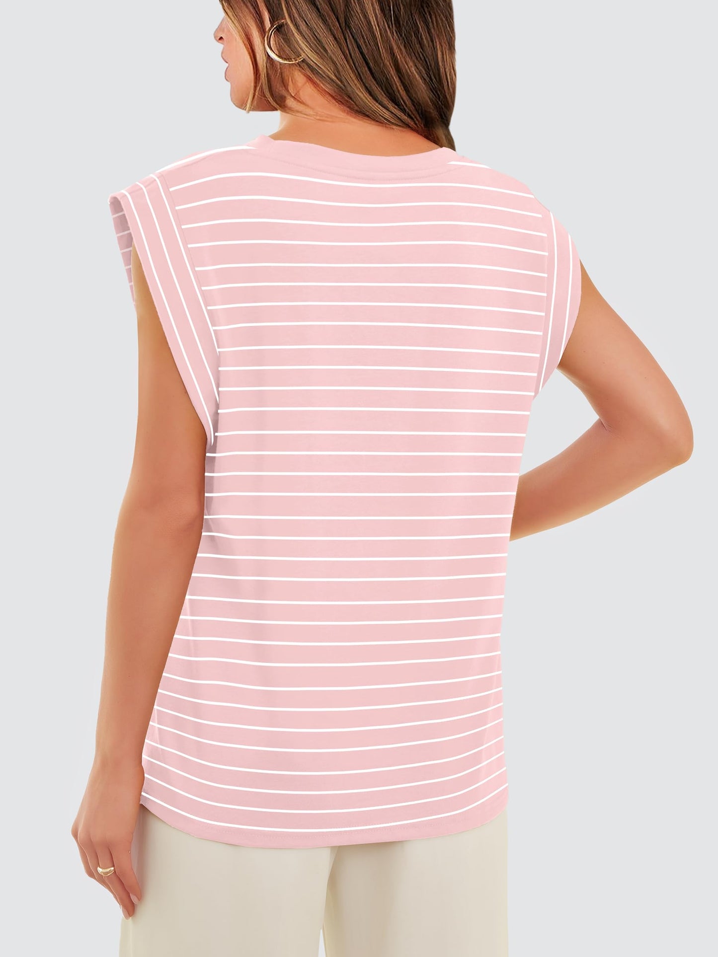 WIHOLL Summer Tops for Women 2024 Trendy Fashion Dressy Casual Crew Neck Cap Sleeve Spring Cute Shirts Outfits Pink Stripe S