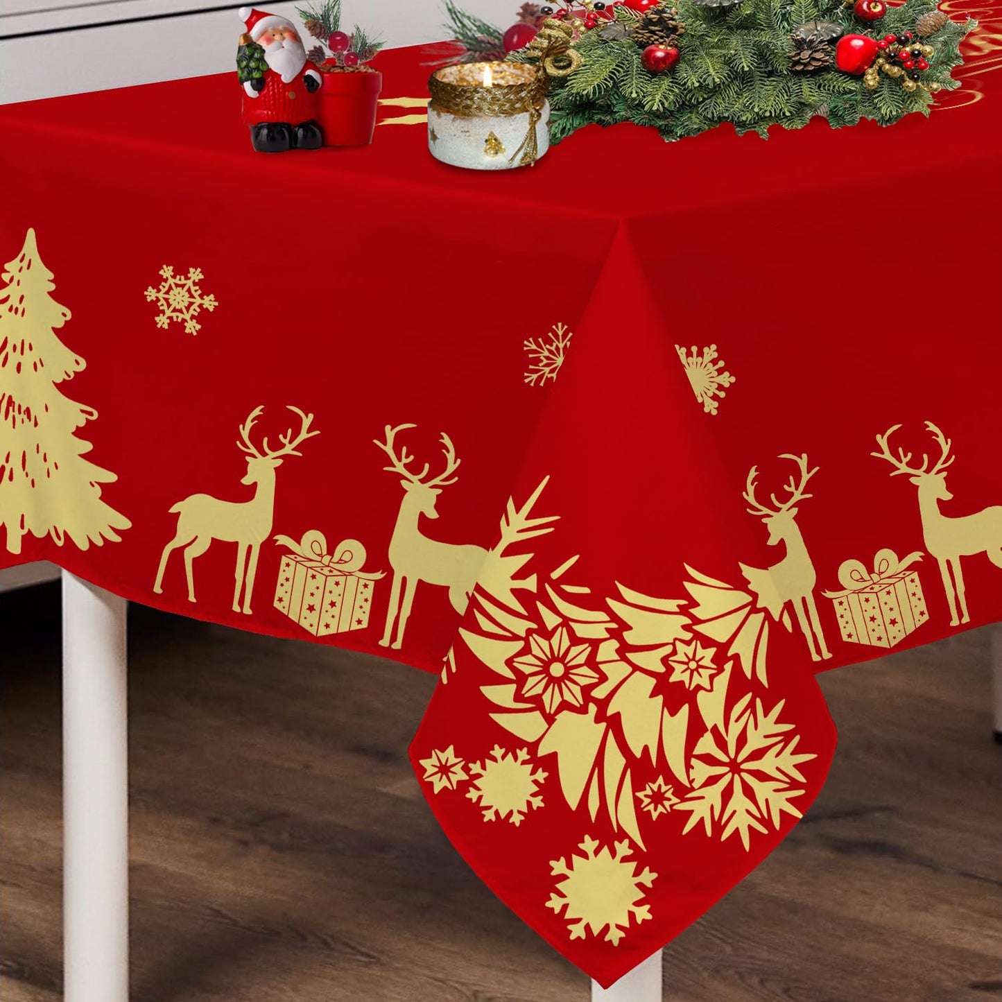 Faptoena Merry Christmas Rectangle Tablecloth 60×120 inch Christmas Table Cloth Golden Deer Christmas Tree Table Covers Red Christmas Decoration for Christmas Party Dining Room Home Kitchen Picnic