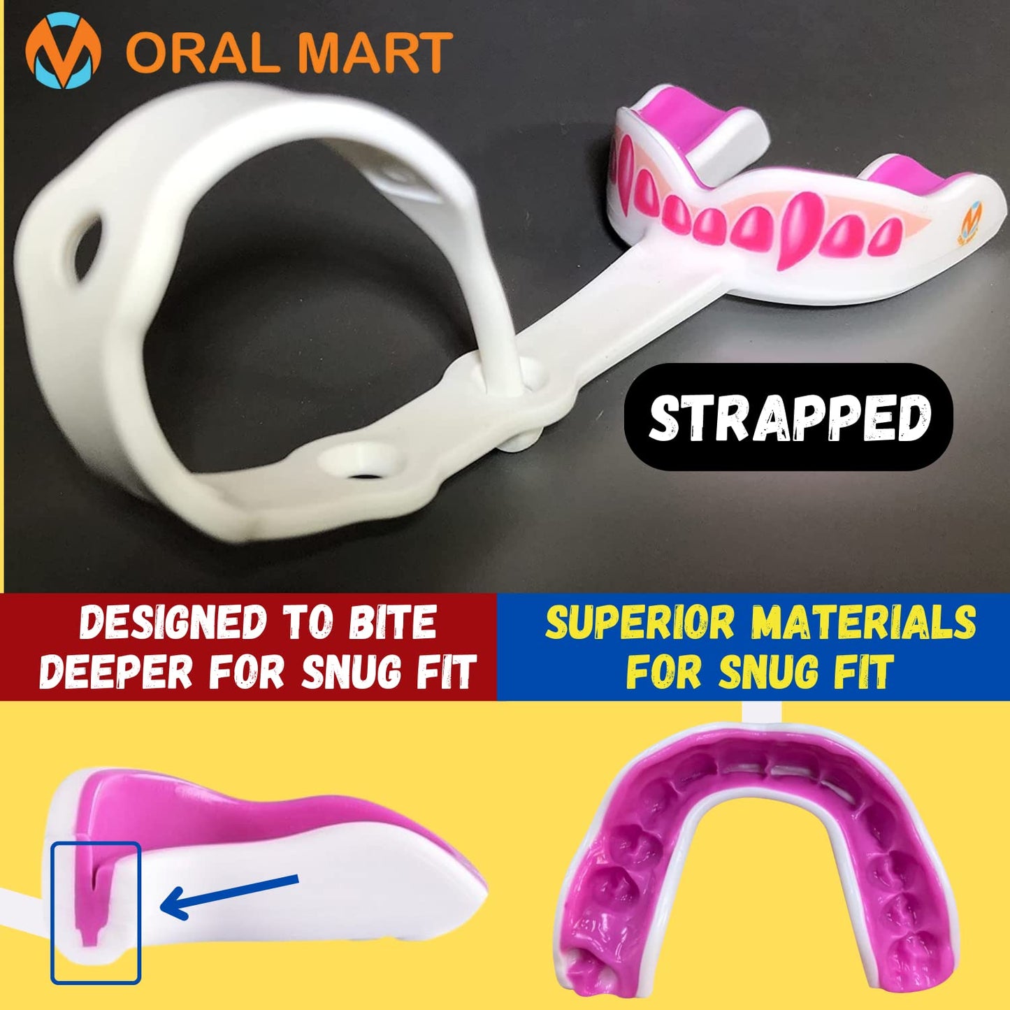 Oral Mart Pink Fangs Strapped Youth Mouthguard for Kids - Sports Mouthguard with Connected Strap for Ice Hockey, Football, Lacrosse, Taekwondo