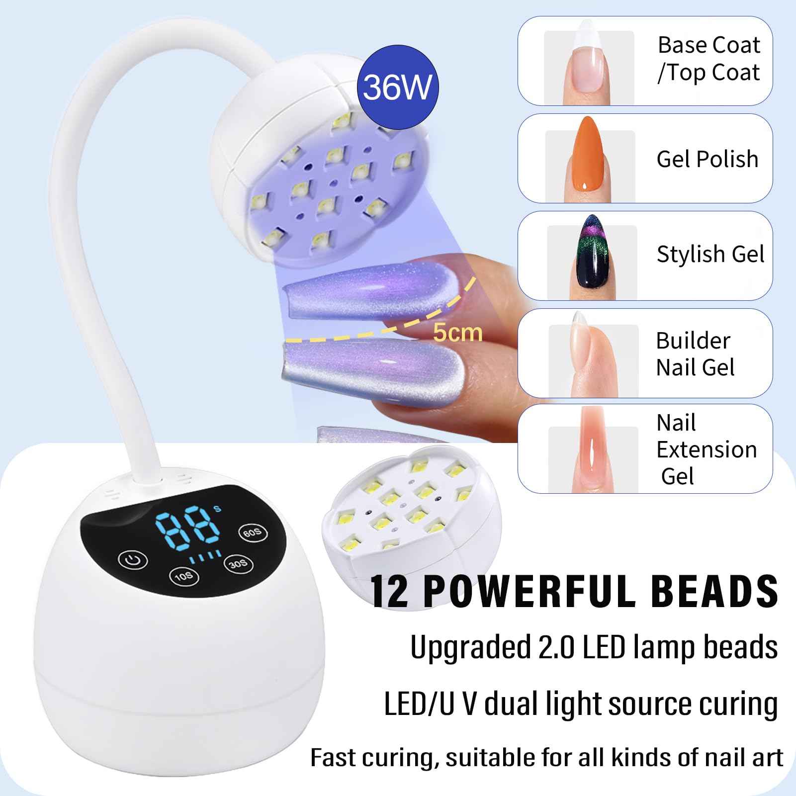 PHAIN Mini U V LED Nail Lamp with 3 Timers and LCD Display,36W Cordless Flash Cure Gel x Nail Lamp, Auto Sensor Gooseneck Portable USB Gel Nail Dryer U V Light for Home DIY, Pearl White, ML-10003