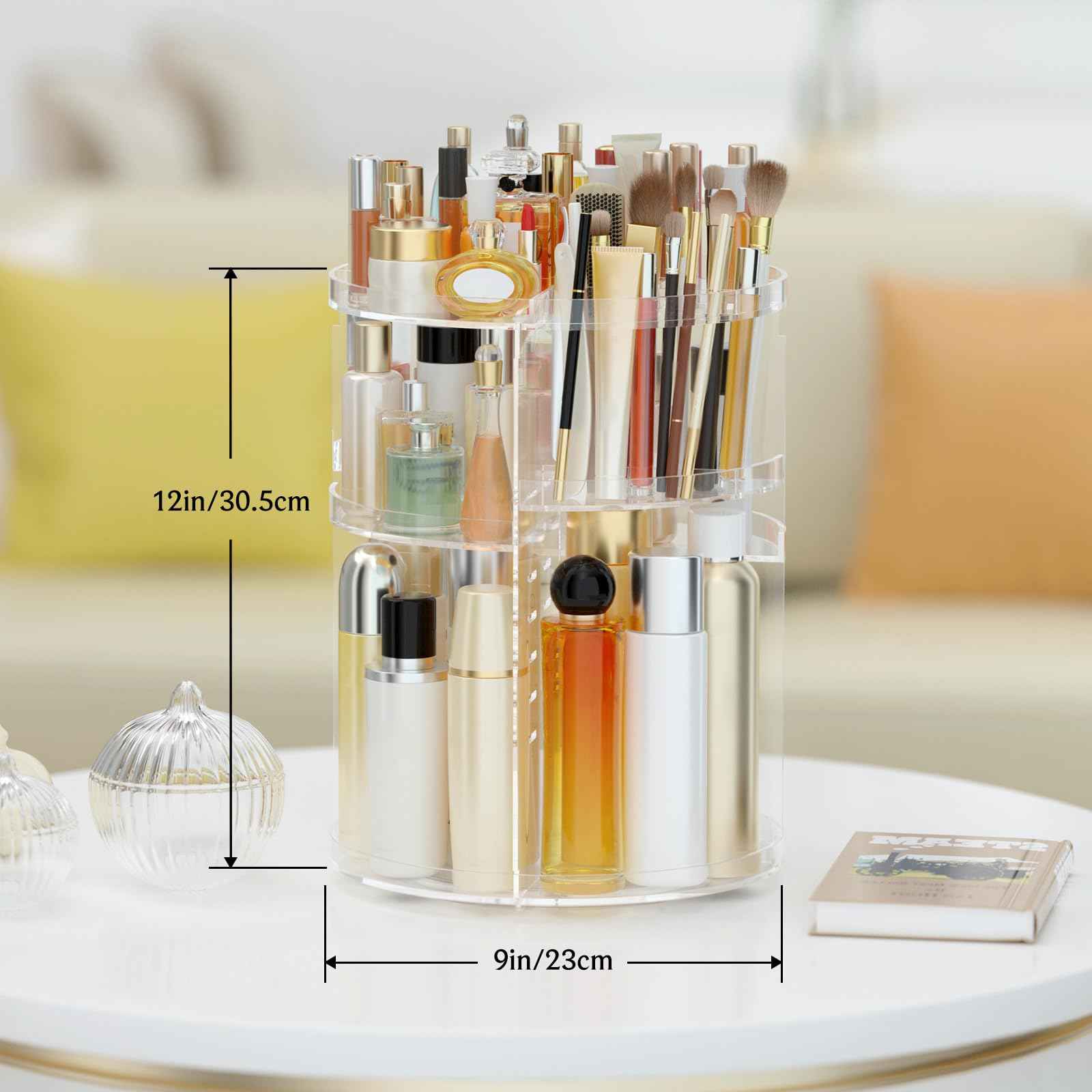 HEMTROY Makeup Organizer 360 rotating, Adjustable Skincare Organizer with Brush Holder, Cosmetics Display Cases for Vanity Bathroom Countertop Large Capacity Carousel Make up Caddy Shelf (Transparent)