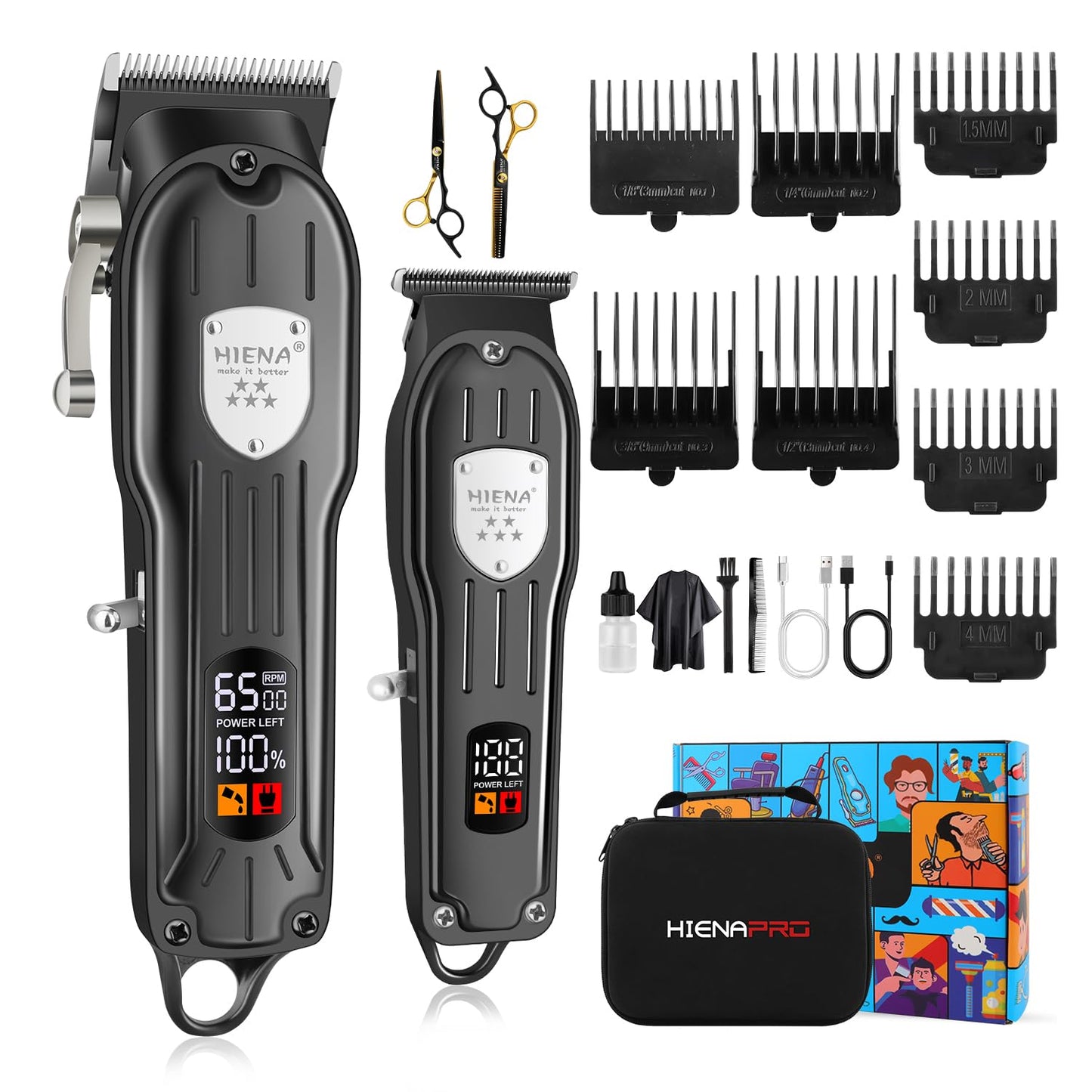 HIENA PRO Professional Hair Clippers for Men Rechargeable Barber Clippers & Trimmers Set, Hair Clippers Set Cordless Hair Clippers Kit with LCD Display, Gifts for Men