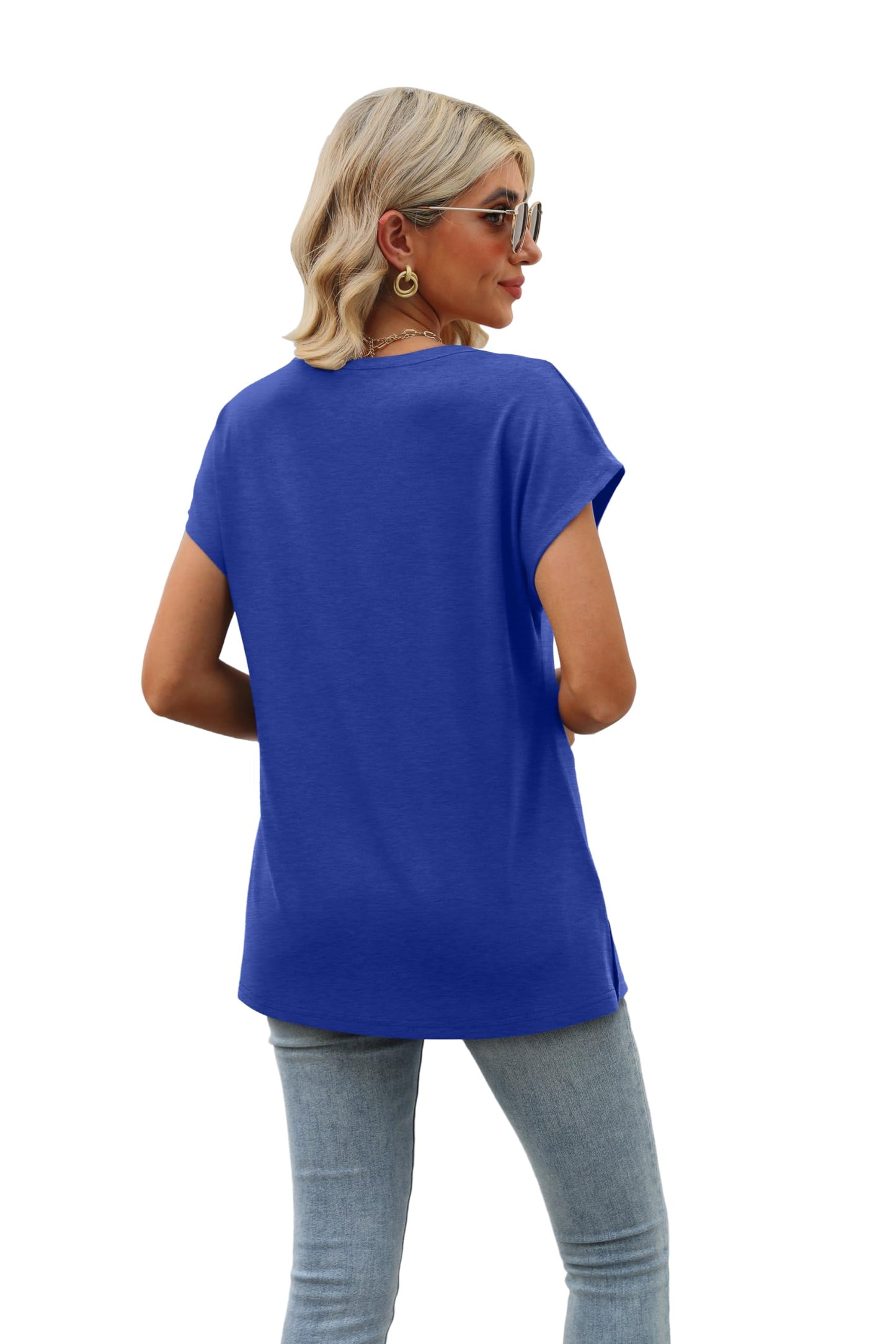 Womens Short Sleeve 2024 Summer Tops Trendy Sleeveless V Neck Loose Fit Shirts Blue S