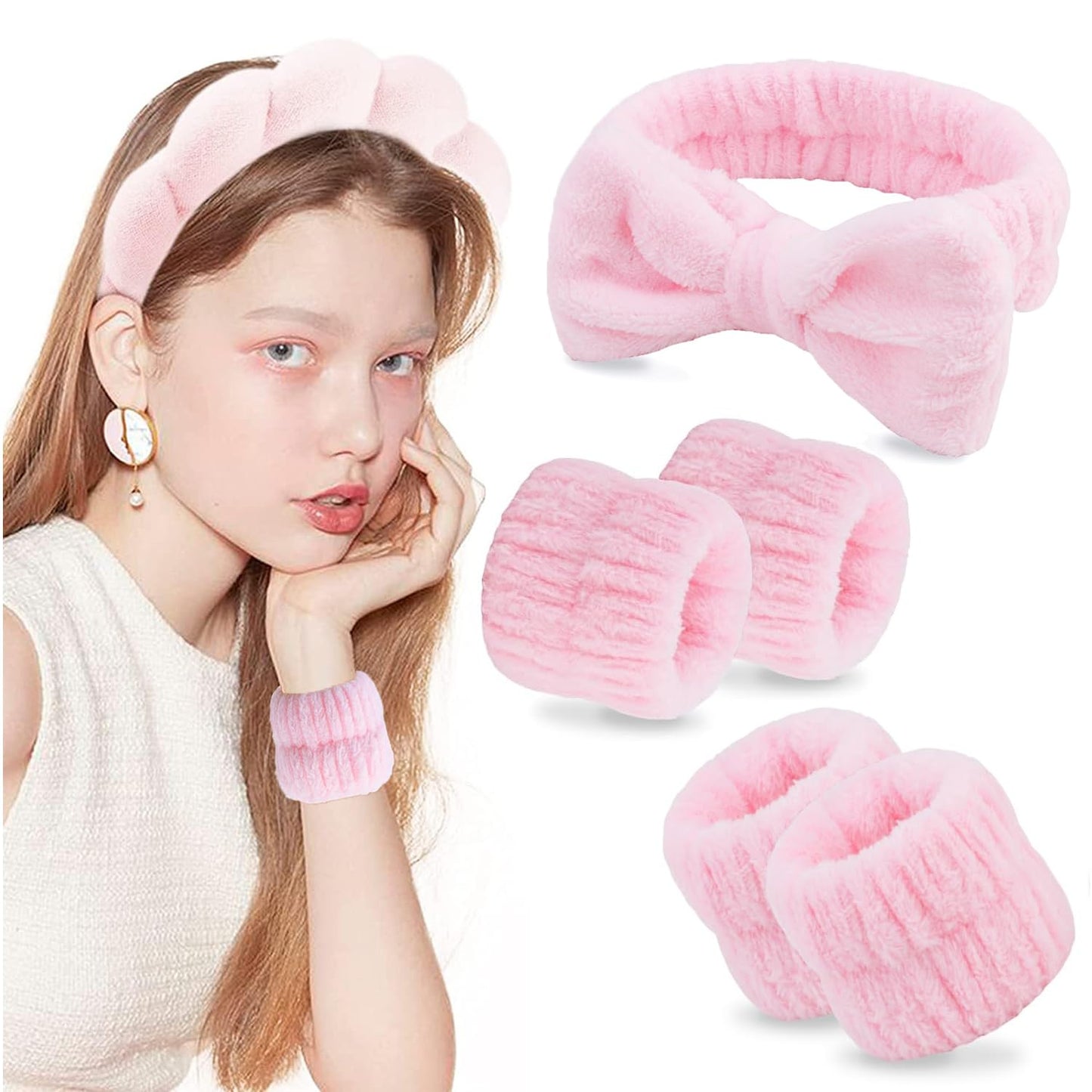 BULINGNA 6Pcs Spa Headband Wristband Set for Washing Face, Skincare Headband Bowknot Hairbands and Scrunchies Cuffs for Spa Yoga Sports Shower, Hair Accessories for Women Gift (Pink)