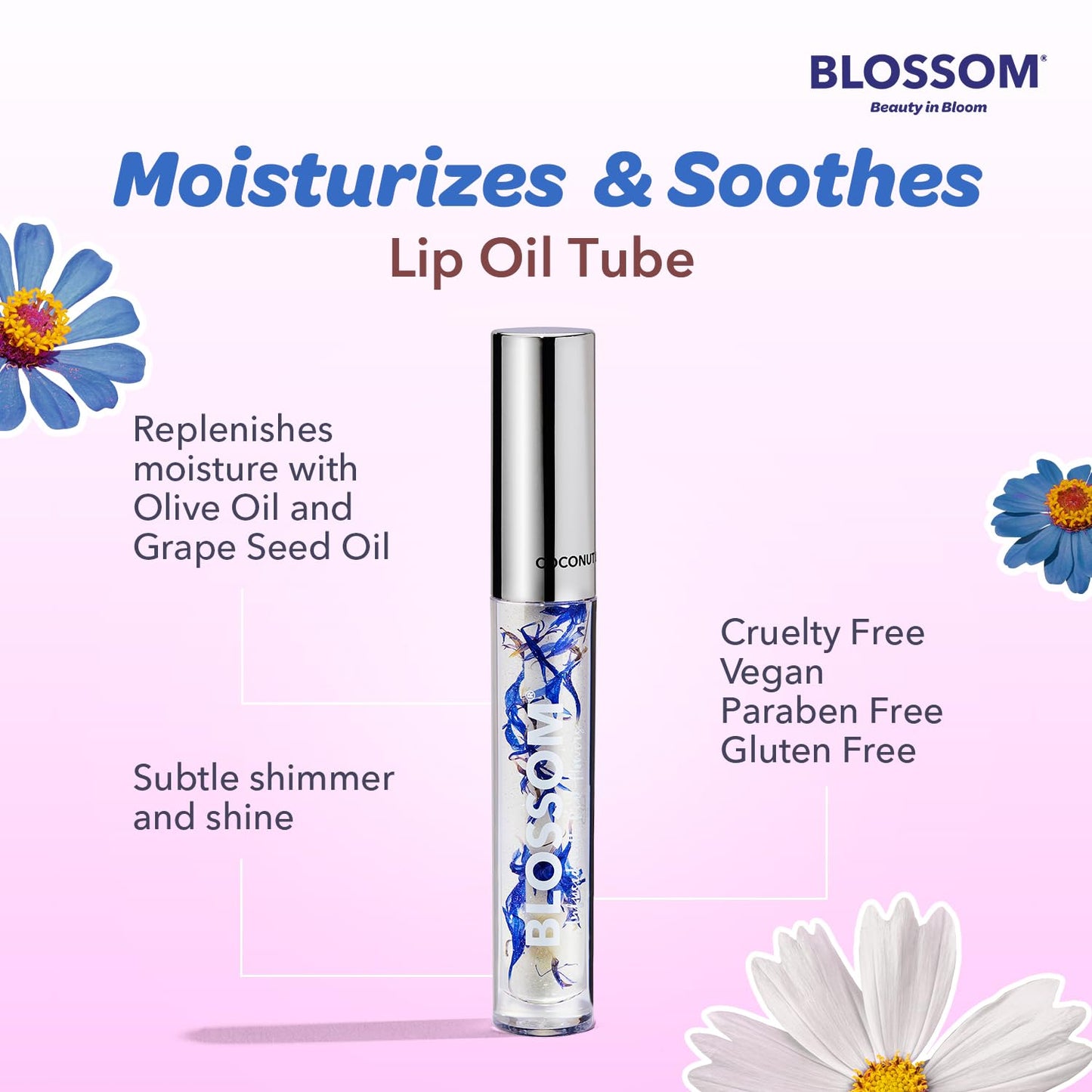 Blossom Moisturizing and Hydrating Shimmer Sparkle Lip Oil with Olive Oil + Grape Seed Oil, Infused with Real Flowers, 3g, Coconut