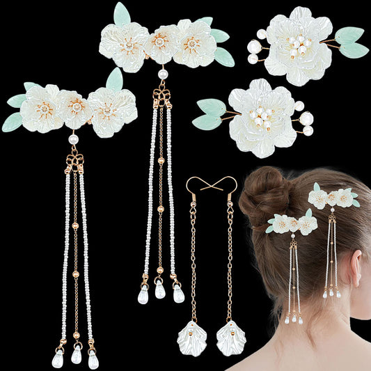 3 Pair Flower Pearl Barrettes Earring Tassel Hair Pin White Vintage Flower Duckbill Hair Clips Kawaii Kimono Pearl Floral Bride Wedding Hair Accessories for Women