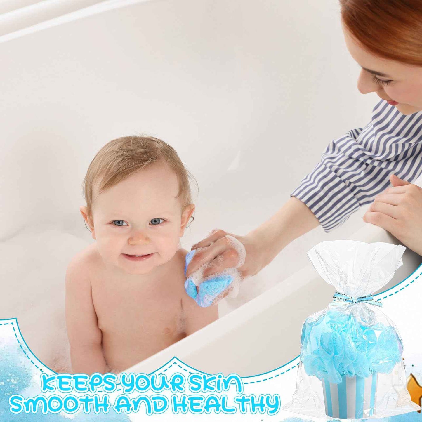 50 Set Baby Shower Loofahs Party Favors for Guests Include Bath Sponge Loofahs with Cupcake Gift Packaging Bow and Clear Plastic Bags for Baptism Gender Reveal Birthday Wedding Stuffers (Blue)