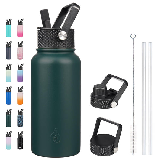 BJPKPK Insulated Water Bottles with Straw Lid, 27oz Stainless Steel Water Bottle with 3 Lids, Leak Proof BPA Free Metal Thermos Mug, Sports Water Bottle Keep Cold & Hot-Army Green