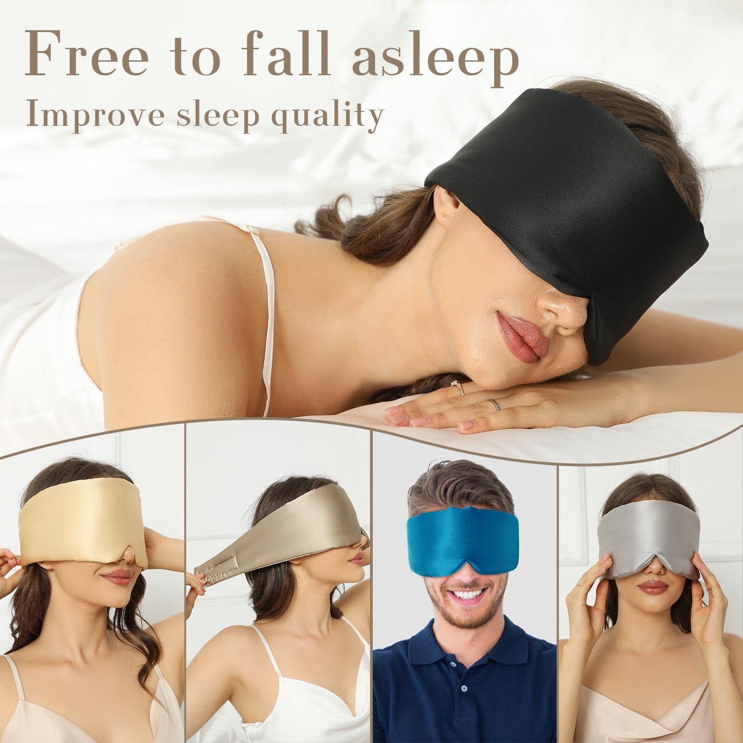 SECZIPE 100% Mulberry Silk Sleep Mask Eye Mask for Women Man with Adjustable Band, for Side Sleeper Blackout Sleep Mask for Travel Rest and Office Large Size (Black)