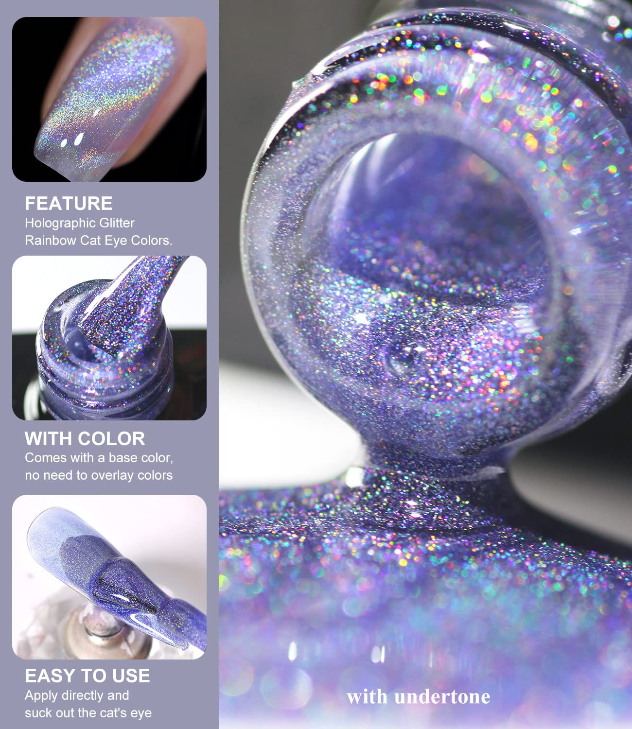 Gel Nail Polish 15ml/0.5fl oz Holographic Purple 9D Cat Eye Shiny Glitter Soak Off Nail Polish with Magnetic Stick for Nail Salon