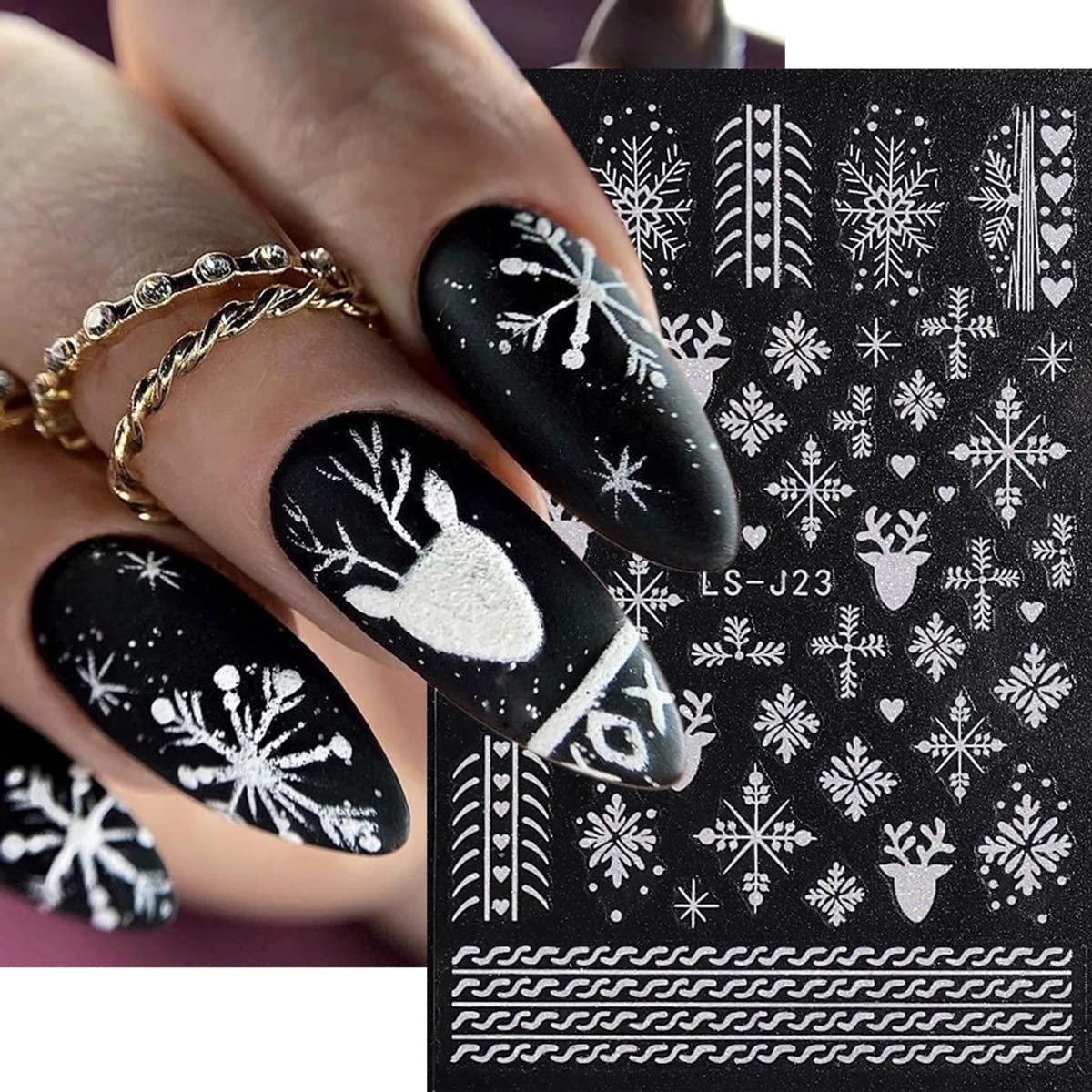 Christmas Nail Art Stickers 3D Snowflake Nail Decals Self-Adhesive Nail Art Supplies White Snowflake Nail Charms Winter Snow Deer Design Nail Stickers Xmas Party Nail Decorations for Women 6 Sheets