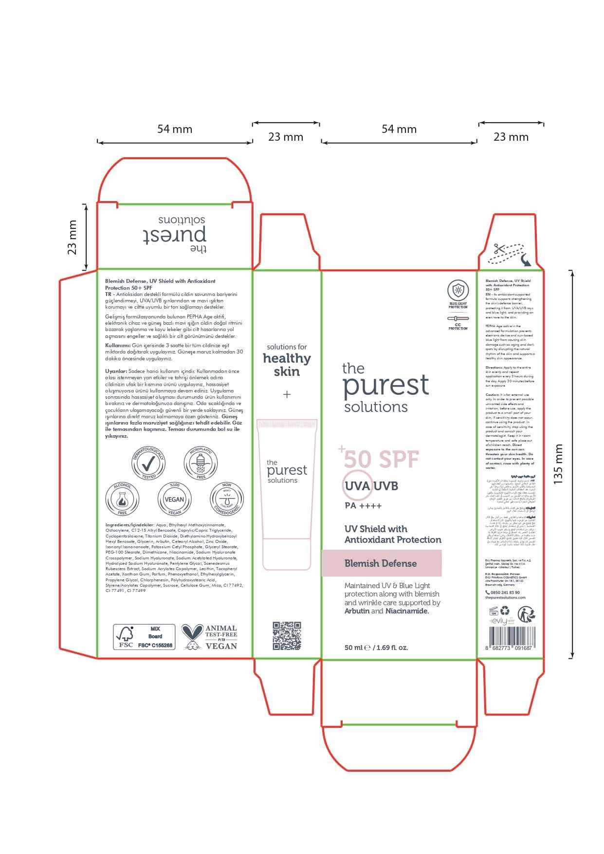 The Purest Solutions Blemish Defense (UV Shield with Antioxidant Protection SPF 50+) - 8h UVA Protection, Arbutin & Niacinamide for Skin Tone Harmonization and Moisturizers - Vegan (50 ml)