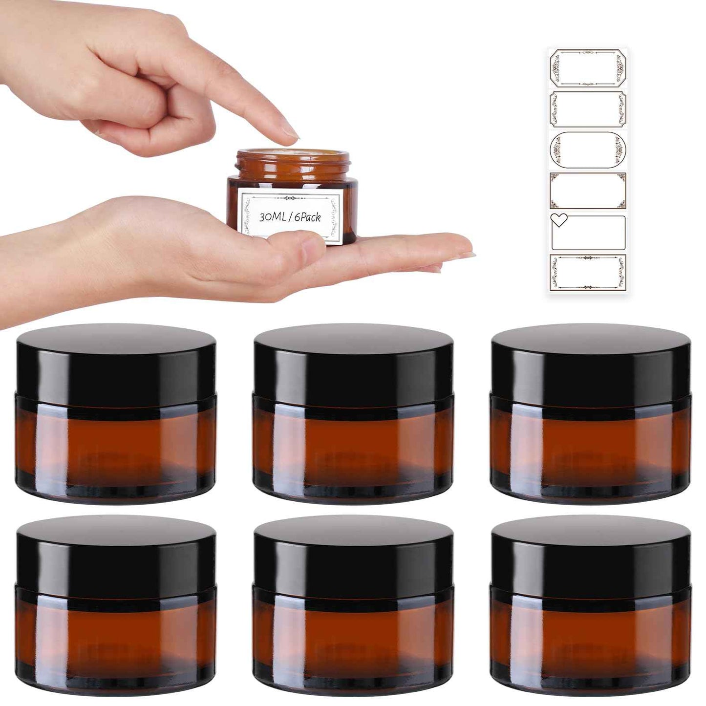 AuroTrends 1 oz Glass Jars with Lids 6Pack- Mini Amber Glass Jar/Cosmetic Containers with UV Protection,Travel Labels (30ml, Set of 6)