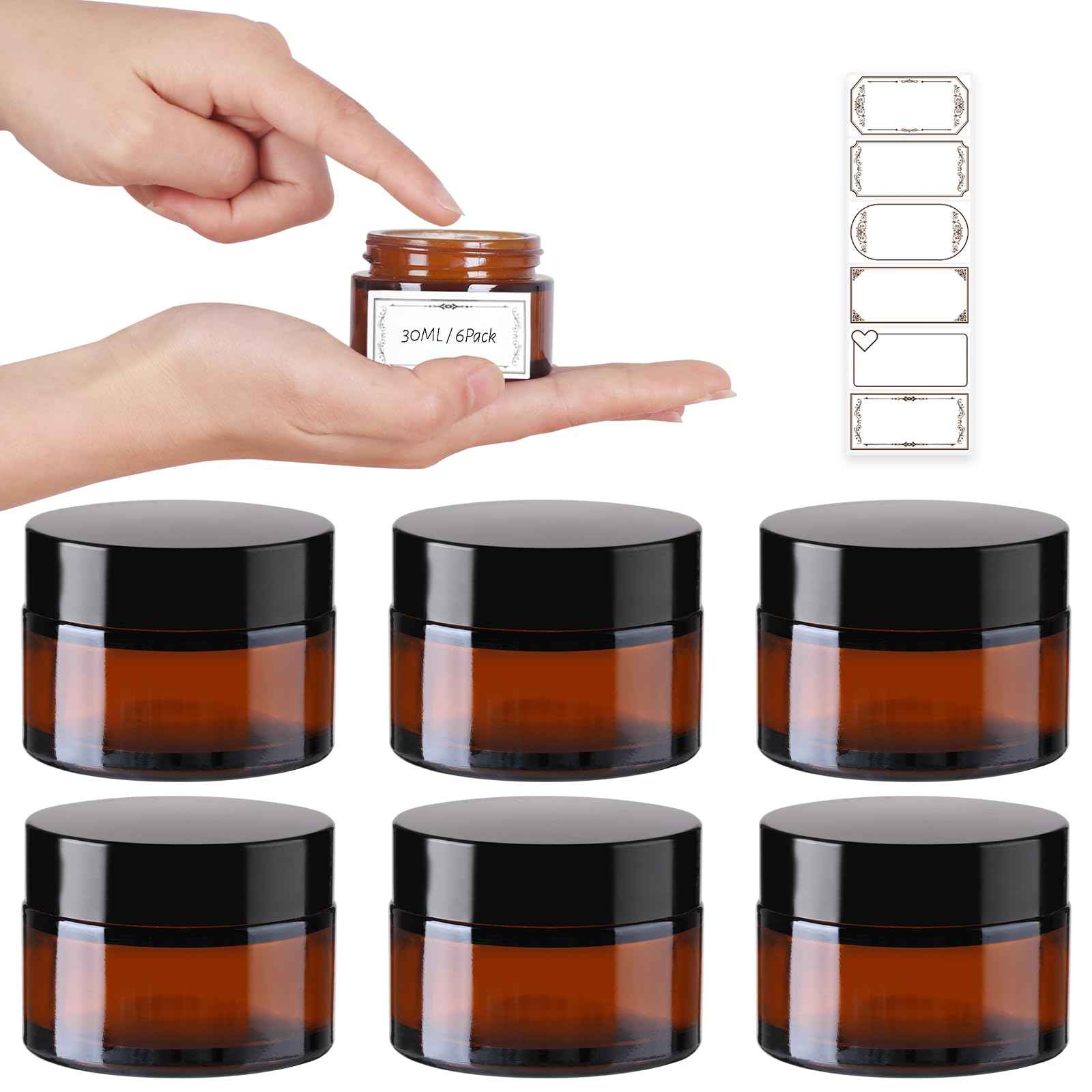 AuroTrends 1 oz Glass Jars with Lids 6Pack- Mini Amber Glass Jar/Cosmetic Containers with UV Protection,Travel Labels (30ml, Set of 6)