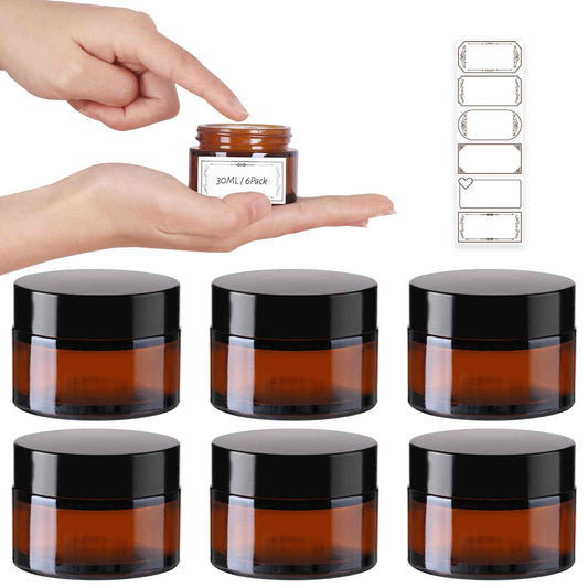AuroTrends 1 oz Glass Jars with Lids 6Pack- Mini Amber Glass Jar/Cosmetic Containers with UV Protection,Travel Labels (30ml, Set of 6)