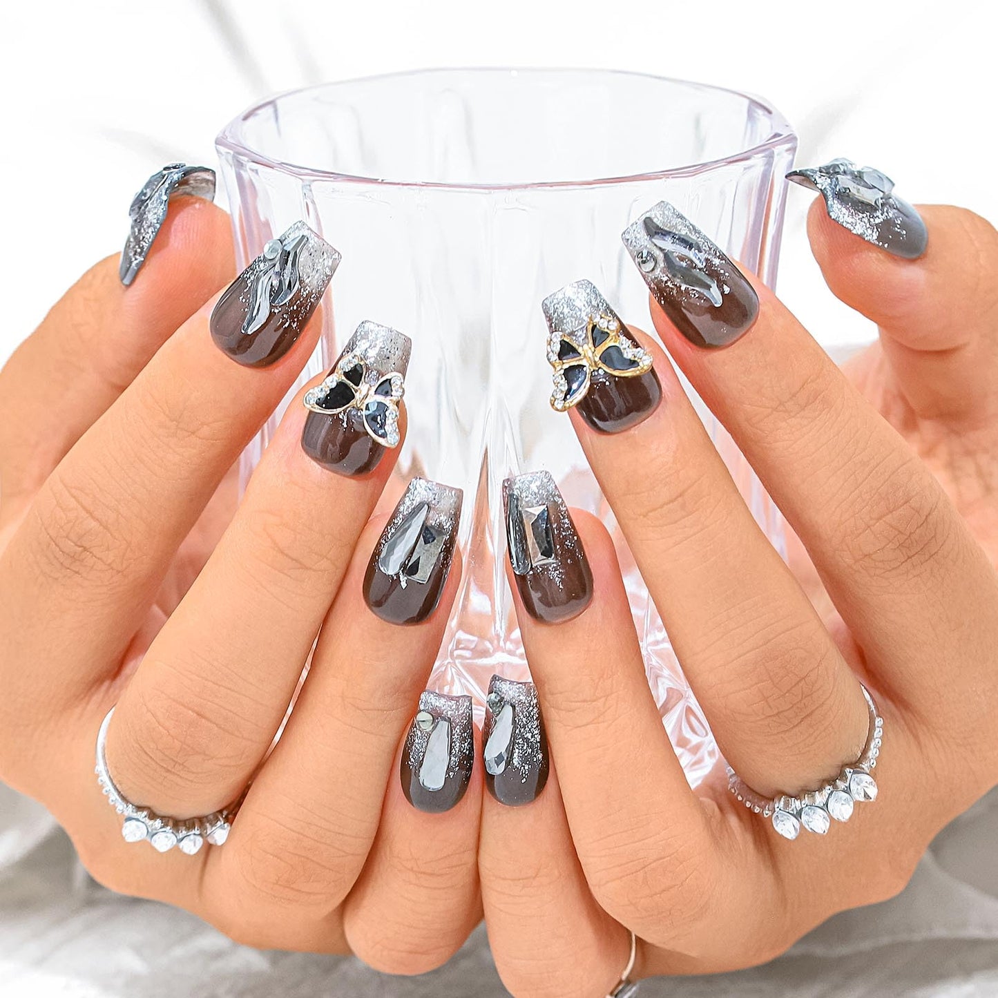 Sethexy Black Rhinestone Handmade Fake Nail Medium Coffin False Nails Crystal Acrylic Glossy Press on Nail Salon Nails Metallic for Women and Girls 10PCS (F)