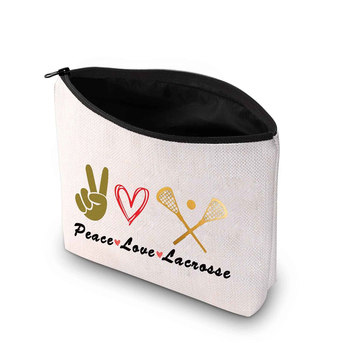 PXTIDY LAX Lacrosse Gifts Peace Love Lacrosse Makeup Bag Lacrosse Player Cosmetic Bag Gifts for Lacrosse Moms Lacrosse Fans(Beige)