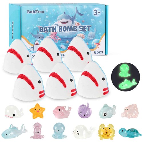 Bath Bombs for Kids, Organic Natural Shark Bath Bomb with Toys Inside, Boys Girls Bath Bomb with Surprise Inside, Bubble Bath Fizz for Kids, 6 Pack