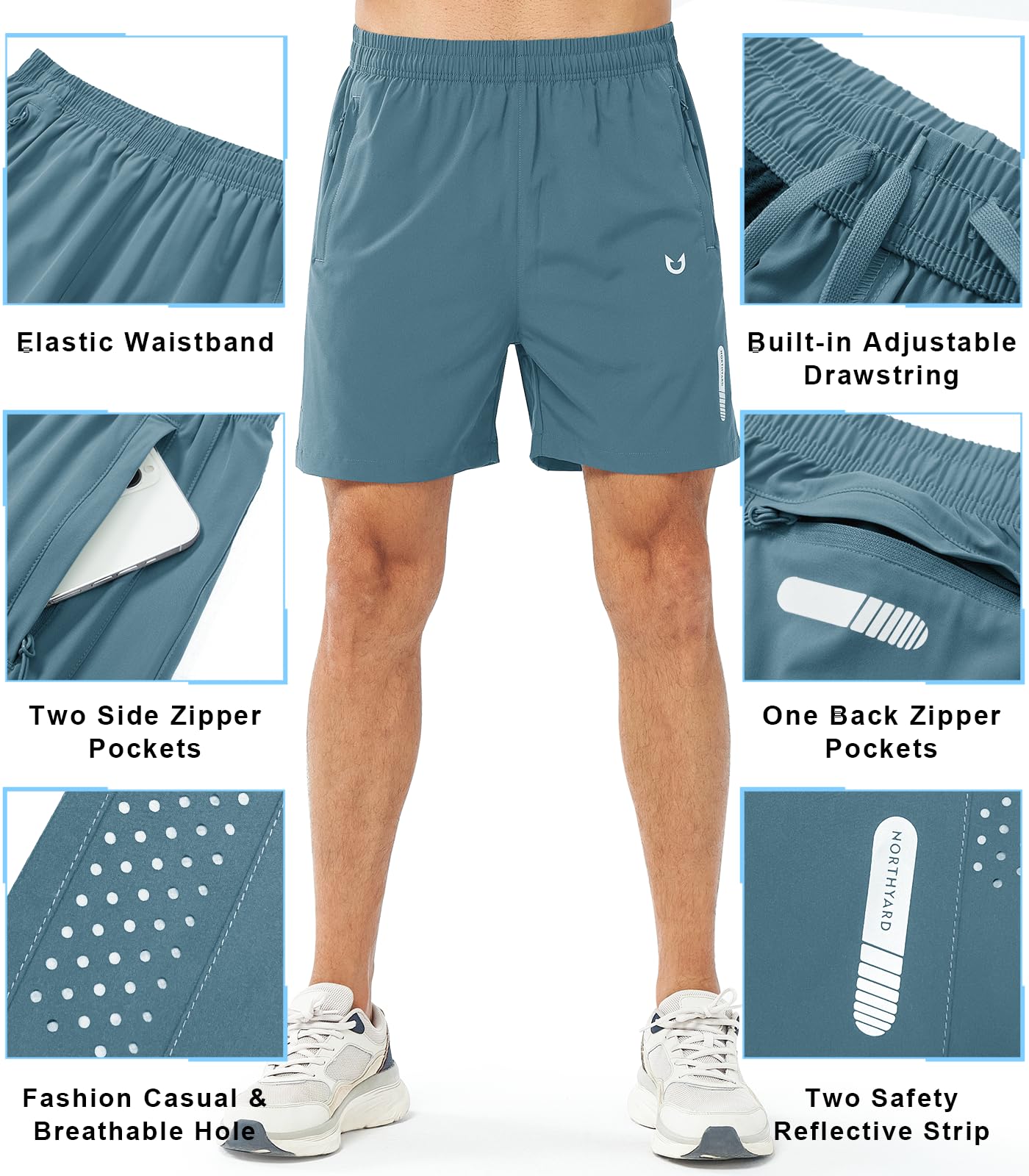 NORTHYARD Men's Athletic Running Shorts Quick Dry Workout Shorts 7"/ 5"/ 9" Lightweight Sports Gym Basketball Shorts Hiking Exercise GREYBLUE-5inch S