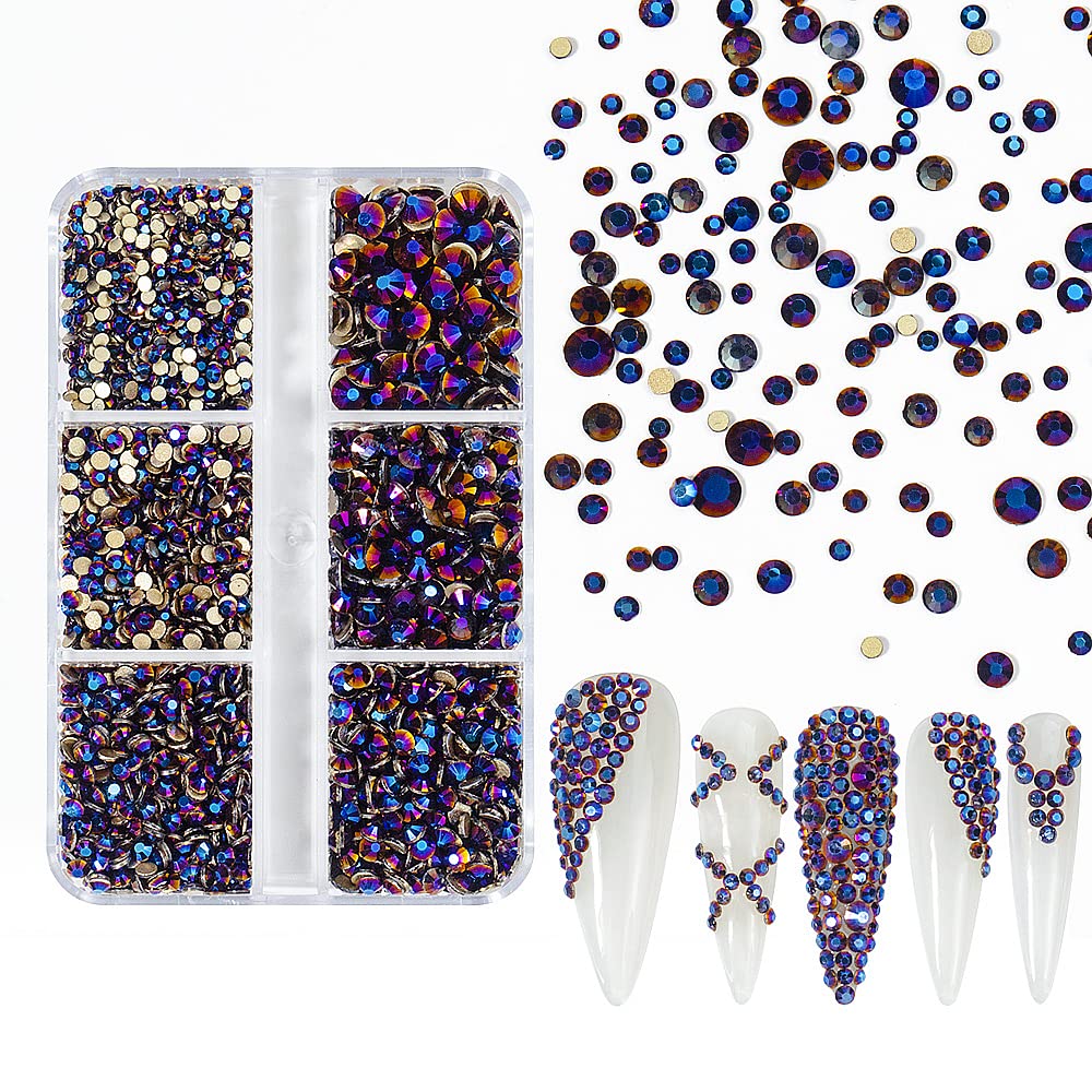 6Grids 3000Pcs Flatback Rhinestones , Phantom Purple Nail Gemstones Crystals Jewels, Craft Glass Diamonds Stones Bling Rhinestone with Tweezers and Picking Pen For Nail Face Makeup(1.8mm~4mm Crystal)