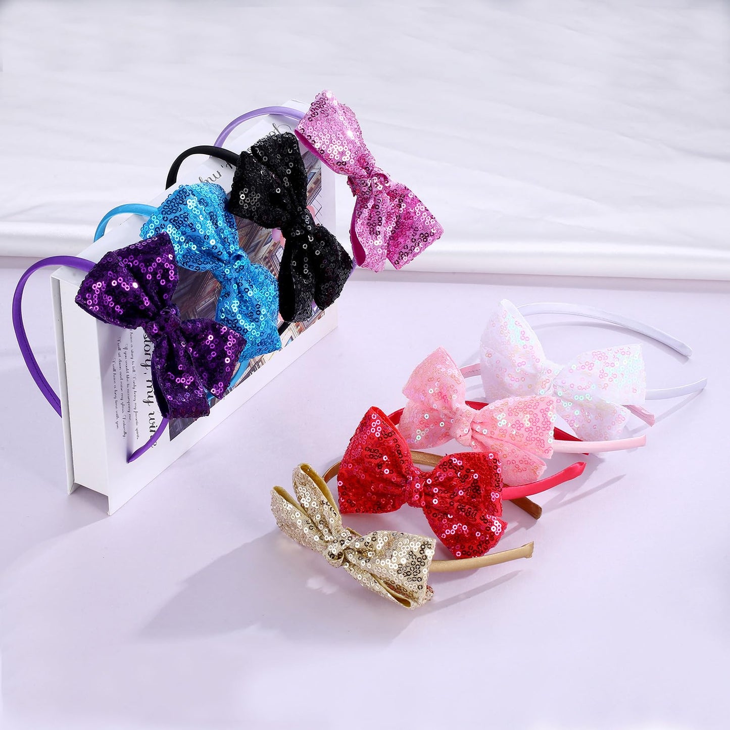 Kiszu Sparkly Sequin Hair Bow Headband for Girls, Kids, and Toddlers - Fashion Cute Boutique Style Hair Accessory - 3 Piece (Blue,Light Purple,Hot Pink)